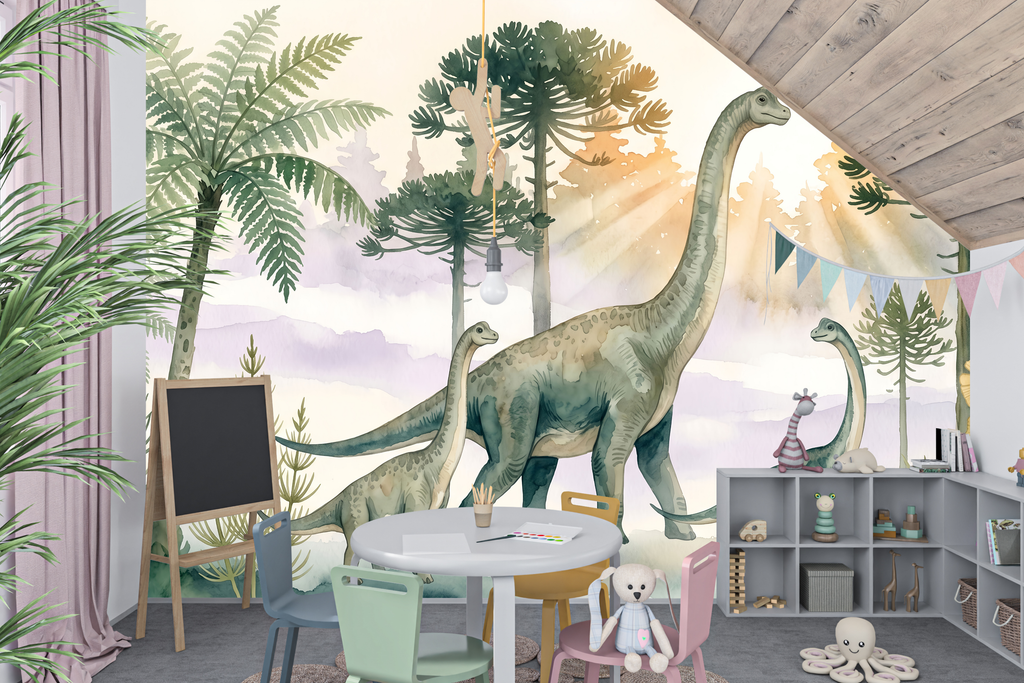Kids Watercolour Dinosaur Nursery Peel and Stick Wallpaper Mural