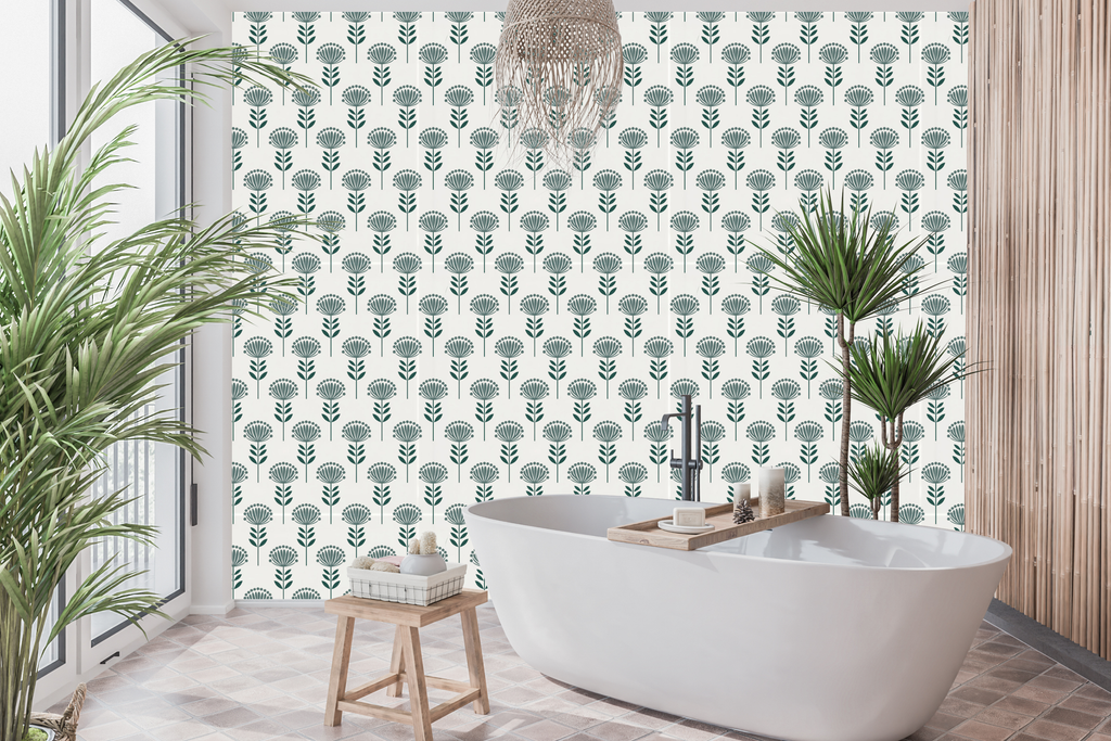 Waterproof vinyl Scandinavian botanical wallpaper applied in a bright, clean modern bathroom