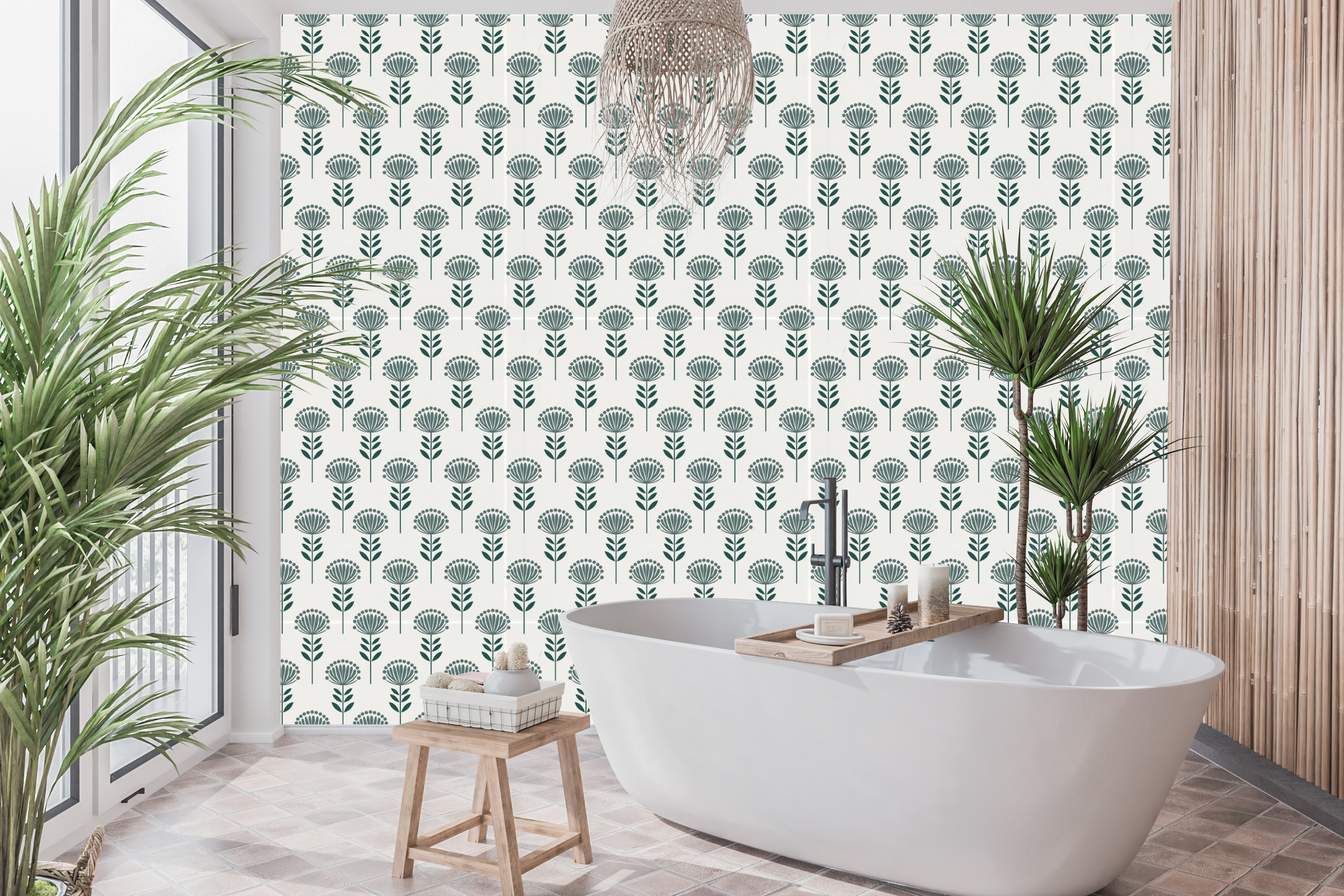Waterproof vinyl Scandinavian botanical wallpaper applied in a bright, clean modern bathroom
