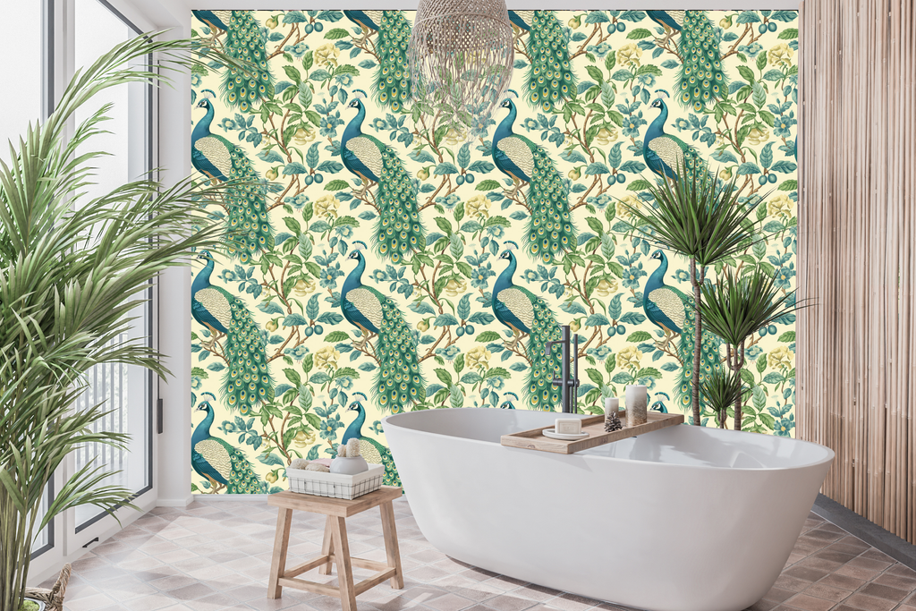 Chinoiserie Peacock Peel and Stick Wallpaper Botanical Bird Bedroom
