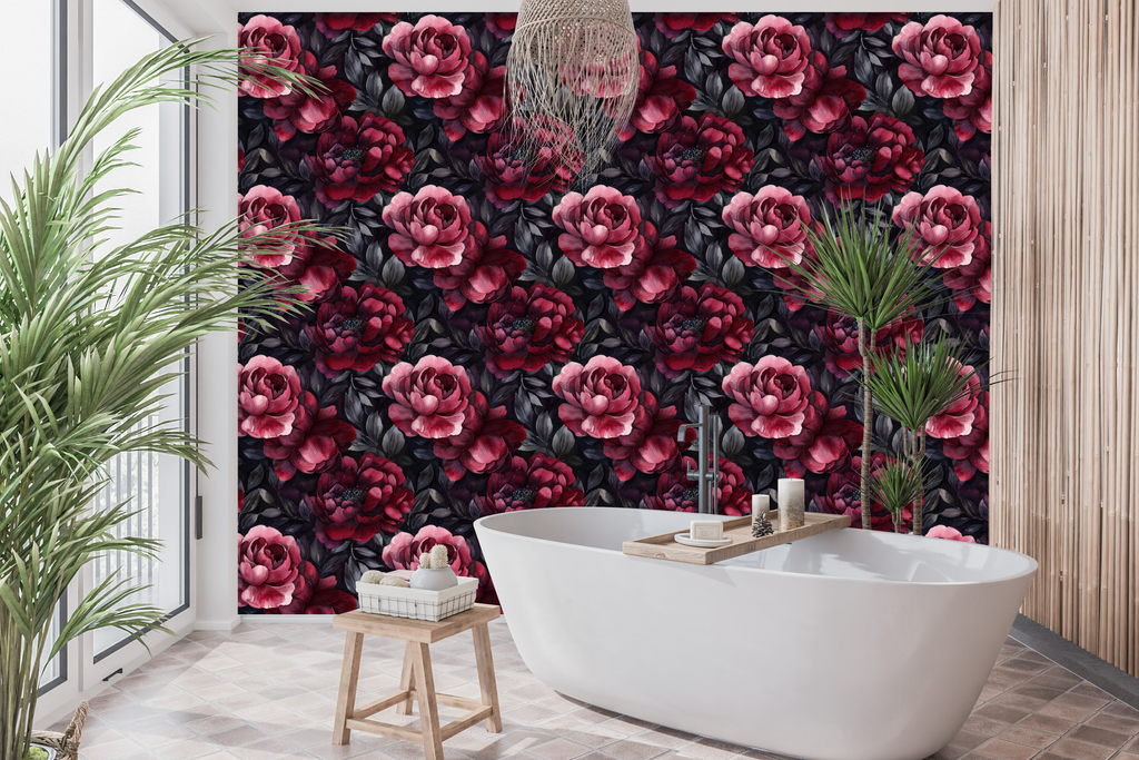 Watercolour Dark Red Peony Peel and Stick Wallpaper Moody Bedroom