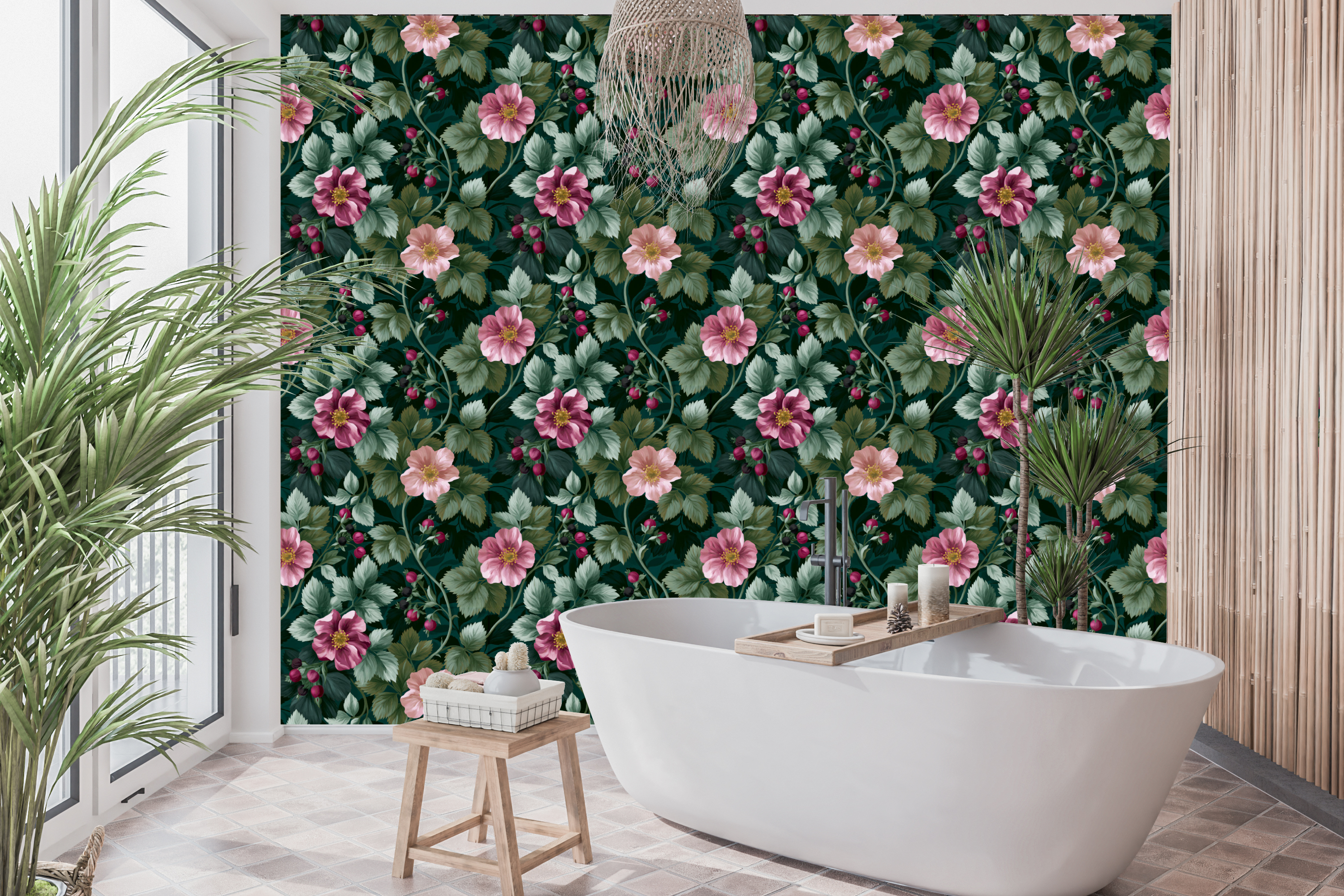 Dark teal vintage wallpaper featuring painterly pink and blush wild rose blooms with golden stamens, magenta rose hip berries, dark blackberry buds, and lush sage and olive serrated leaves on a deep teal ground — premium moody botanical wallpaper by WallpaperPixi