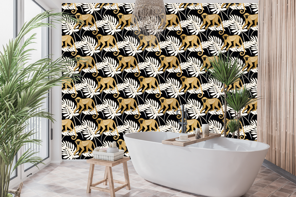 Art Deco Jungle Monkey Peel and Stick Wallpaper Tropical Bedroom Decal