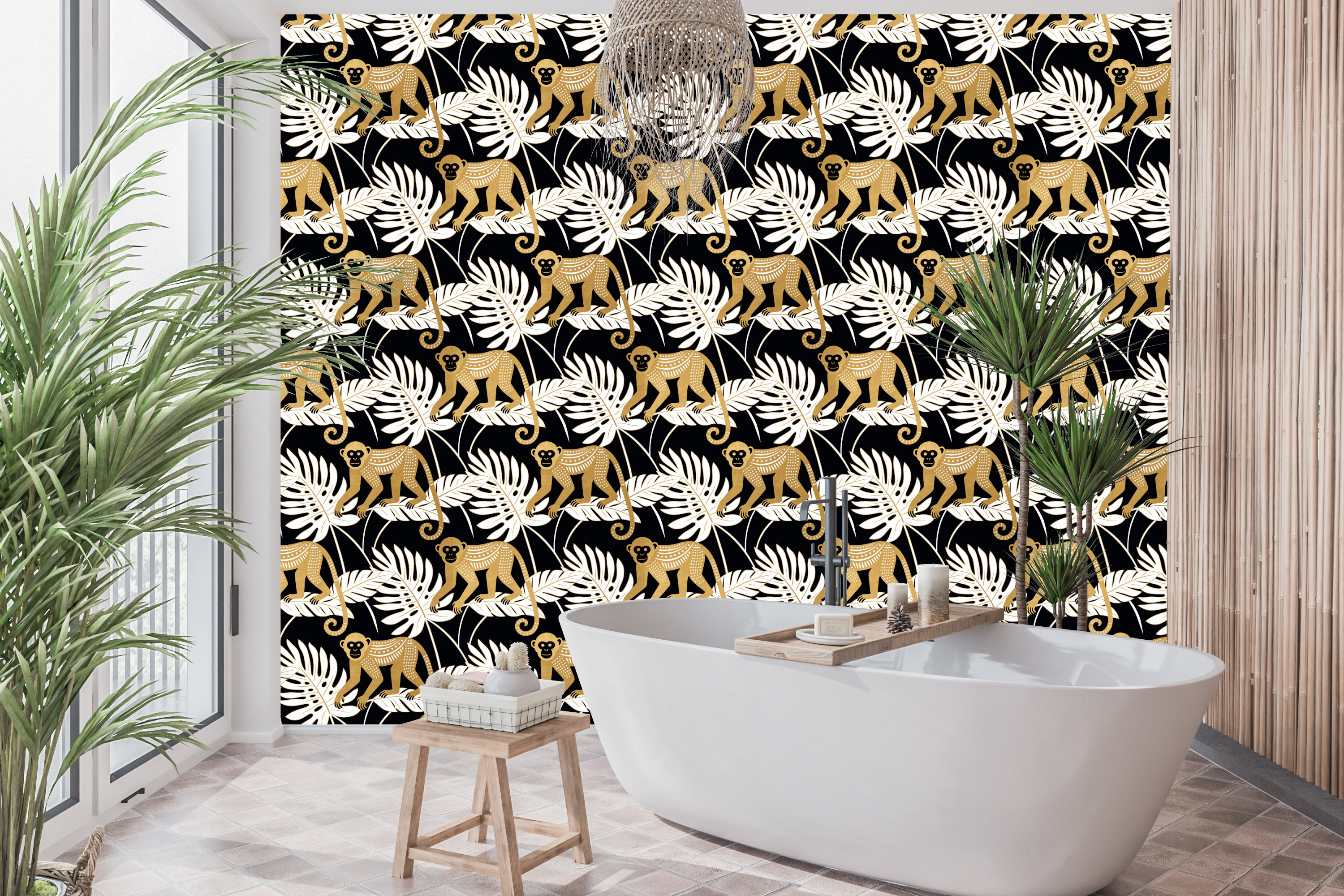 Art Deco Jungle Monkey Peel and Stick Wallpaper Tropical Bedroom Decal