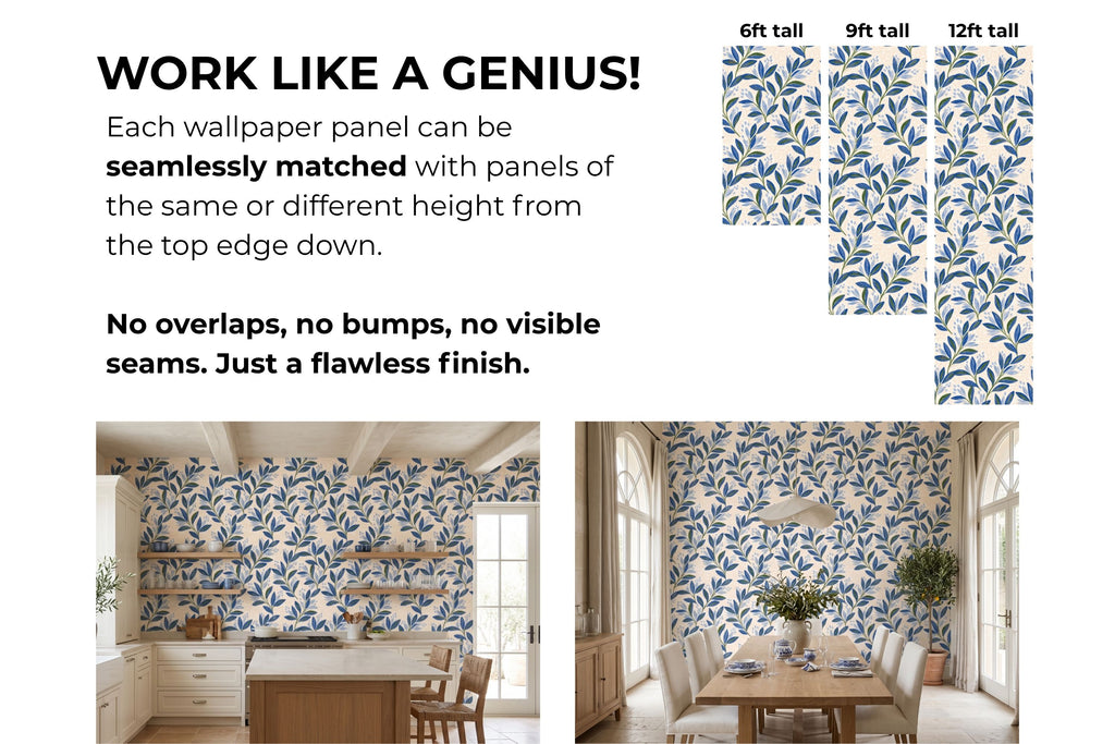 Modern botanical wallpaper with cornflower blue foliage and green stems