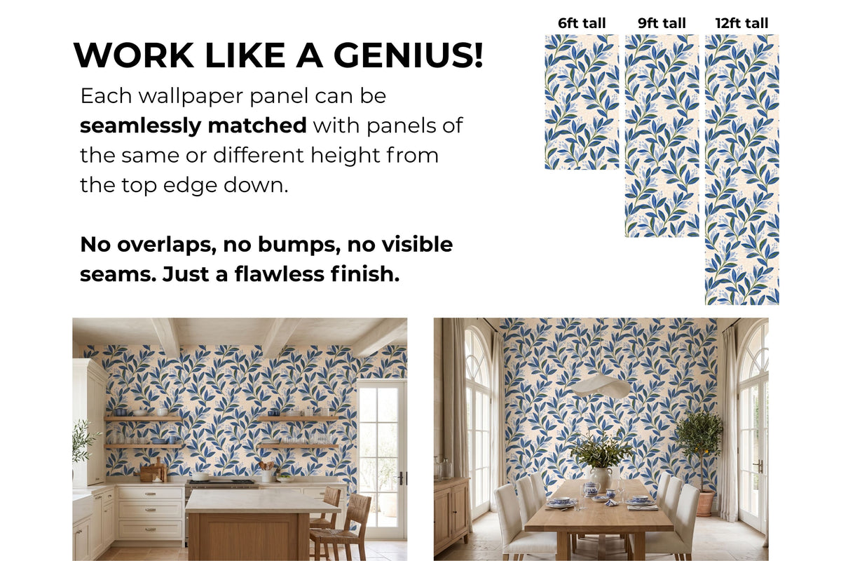 Modern botanical wallpaper with cornflower blue foliage and green stems