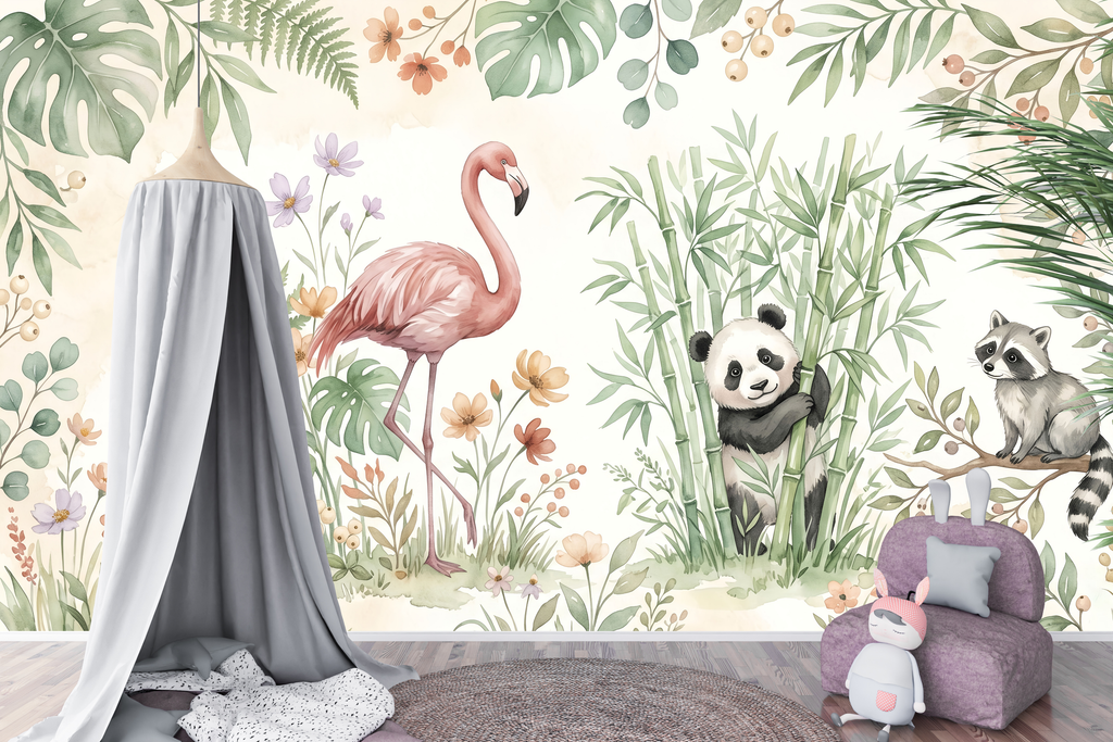 Watercolour Animal Safari Nursery Peel and Stick Wallpaper Mural