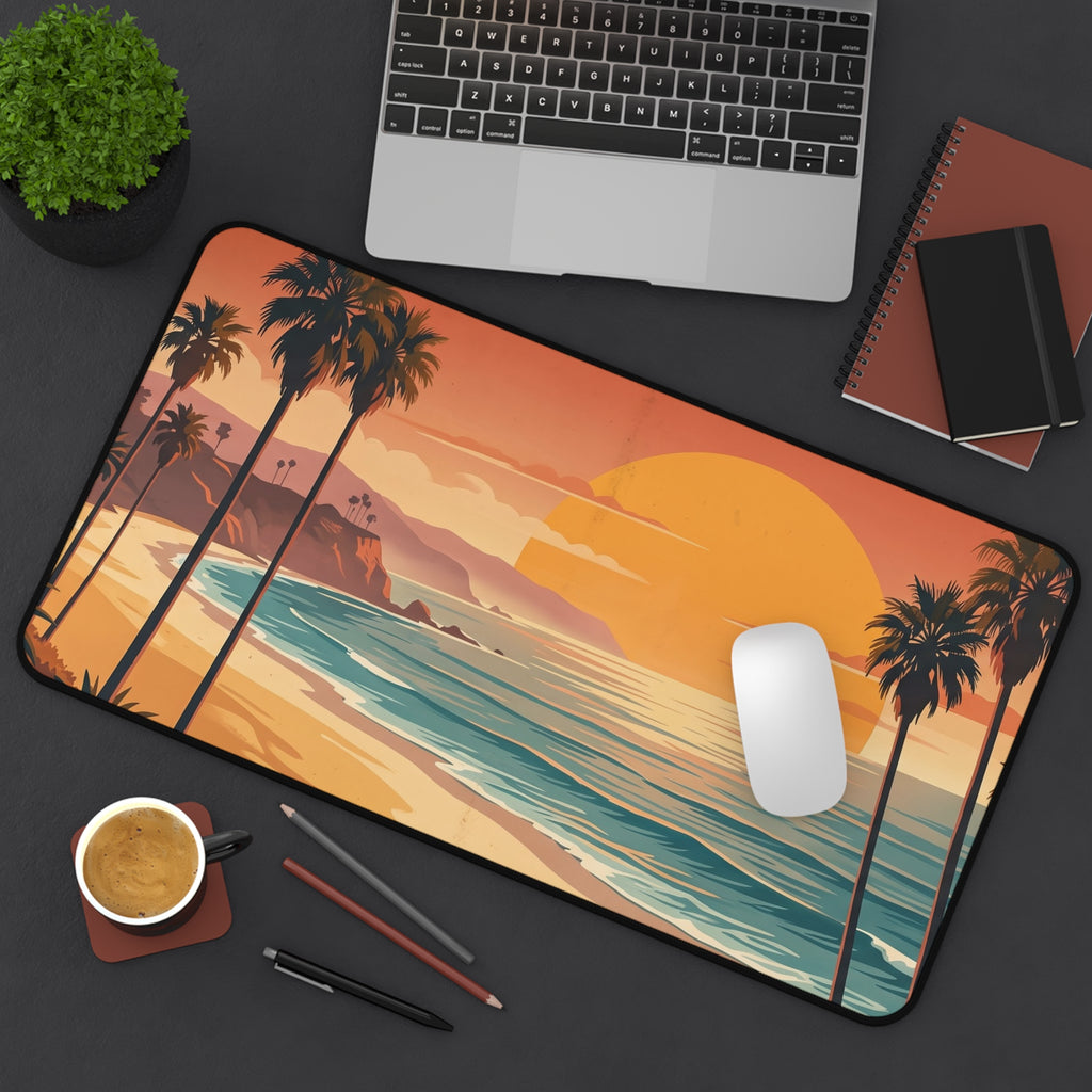 Retro California Beach Sunset Desk Mat Vintage Palm Tree Coastal Art
