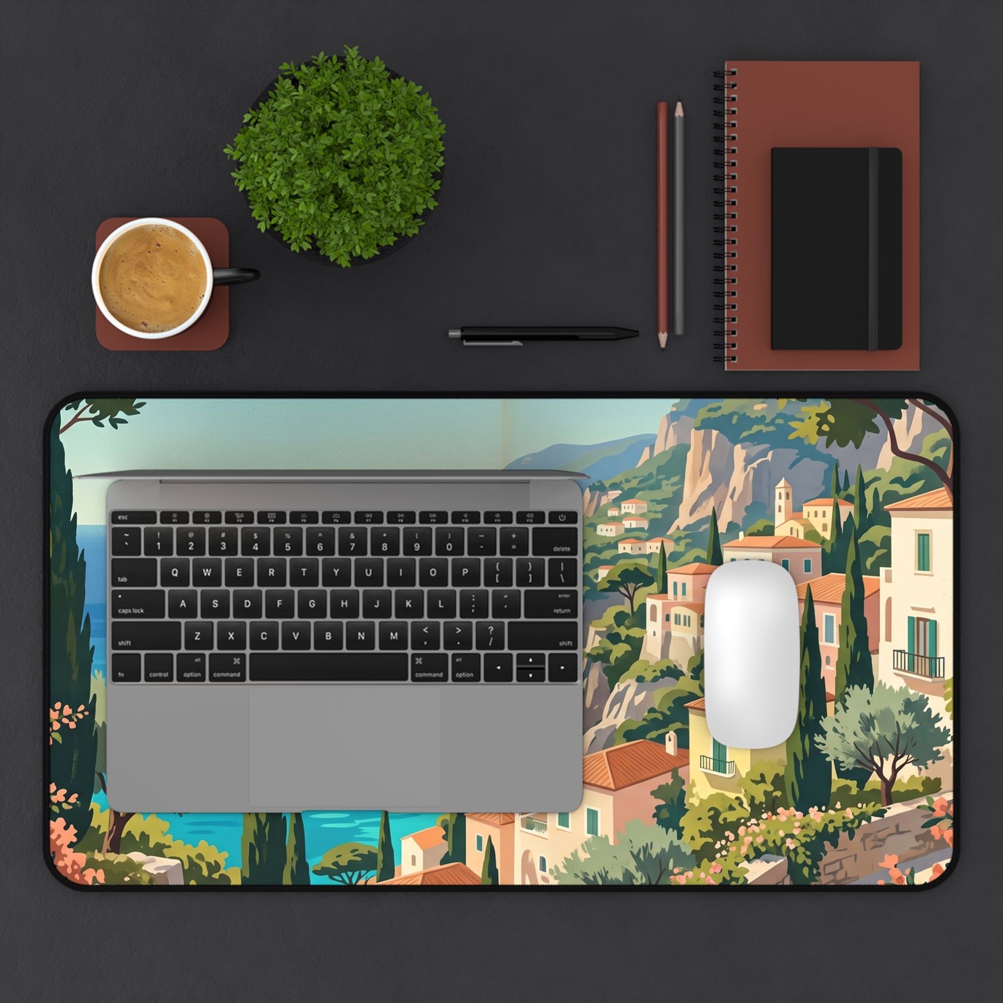 Mediterranean Coastal Village Desk Mat Vintage Italian Riviera Art Workspace Pad