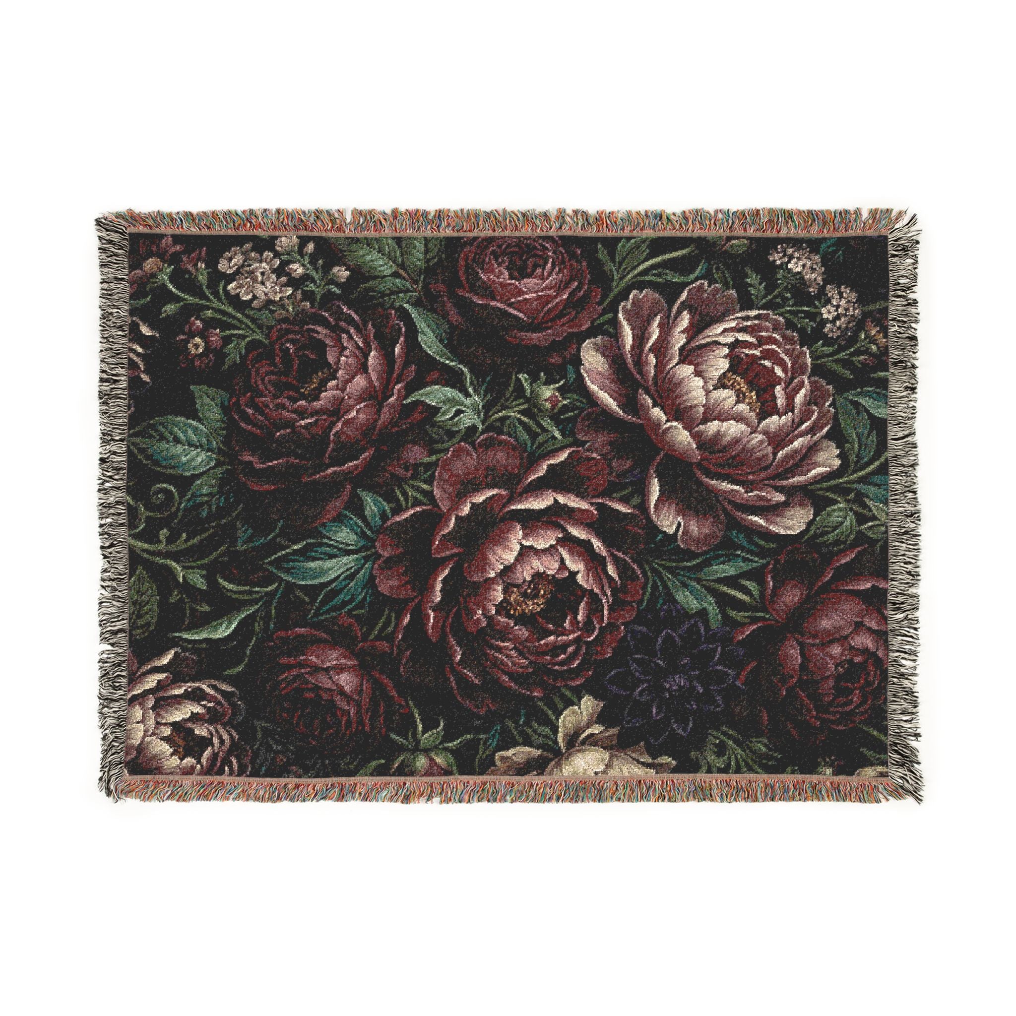 Dark Floral Peony Woven Throw Blanket Moody Botanical Tapestry