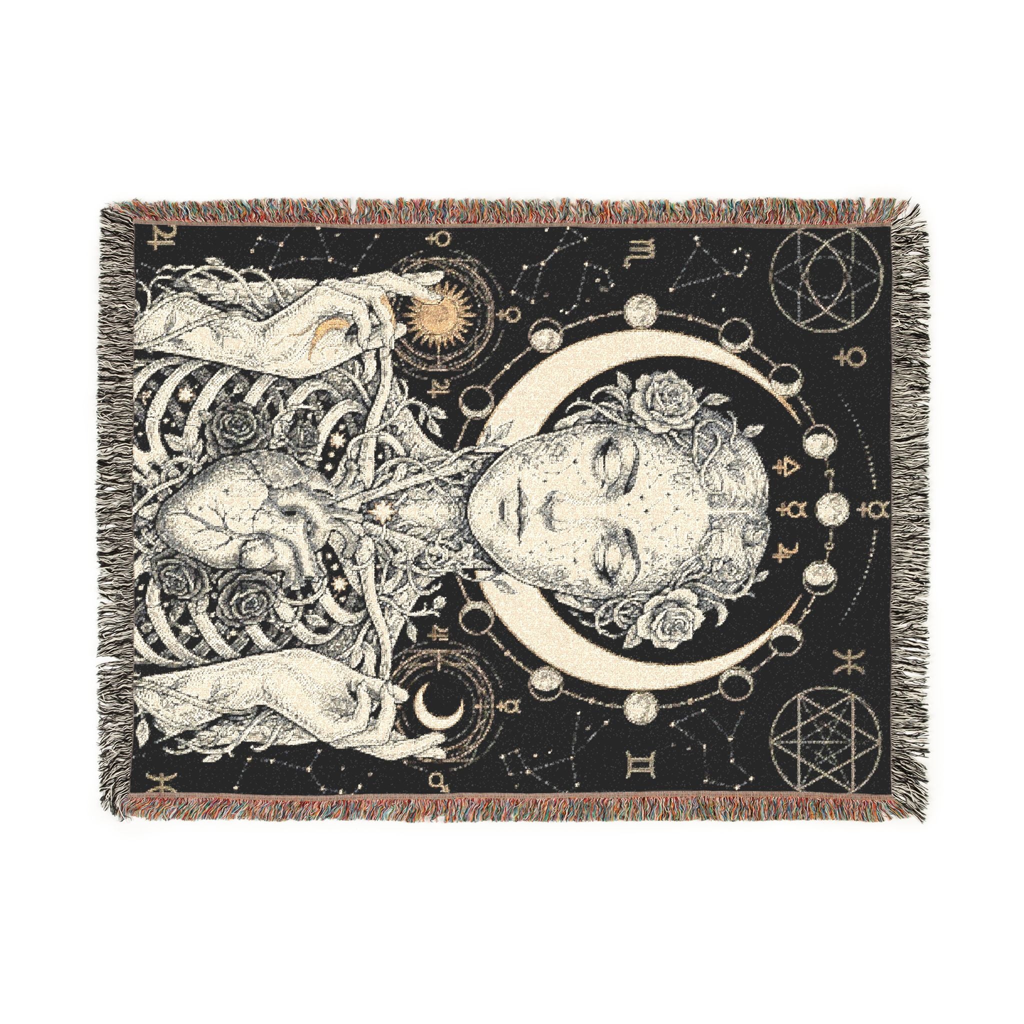 Mystical Celestial Goddess Woven Throw Blanket Dark Macabre Botanical Tapestry