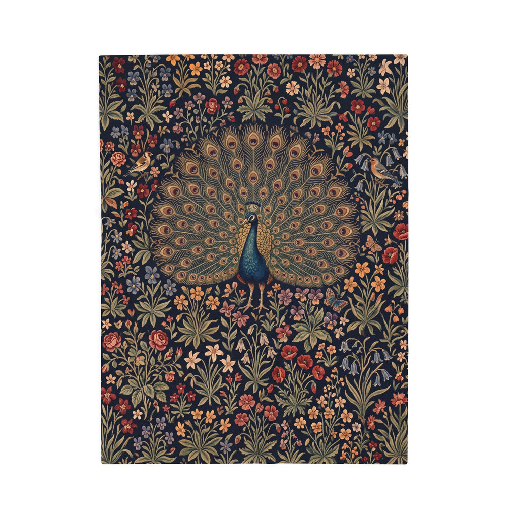 Vintage Peacock Millefleur Plush Velvety Throw Blanket Dark Floral Botanical
