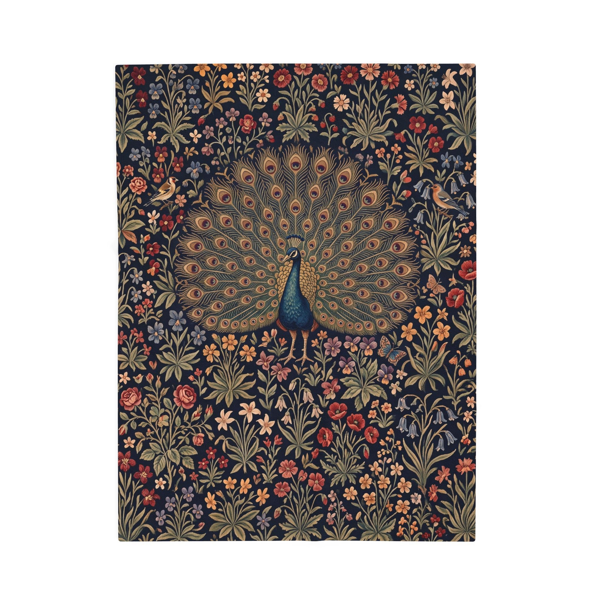 Vintage Peacock Millefleur Plush Velvety Throw Blanket Dark Floral Botanical