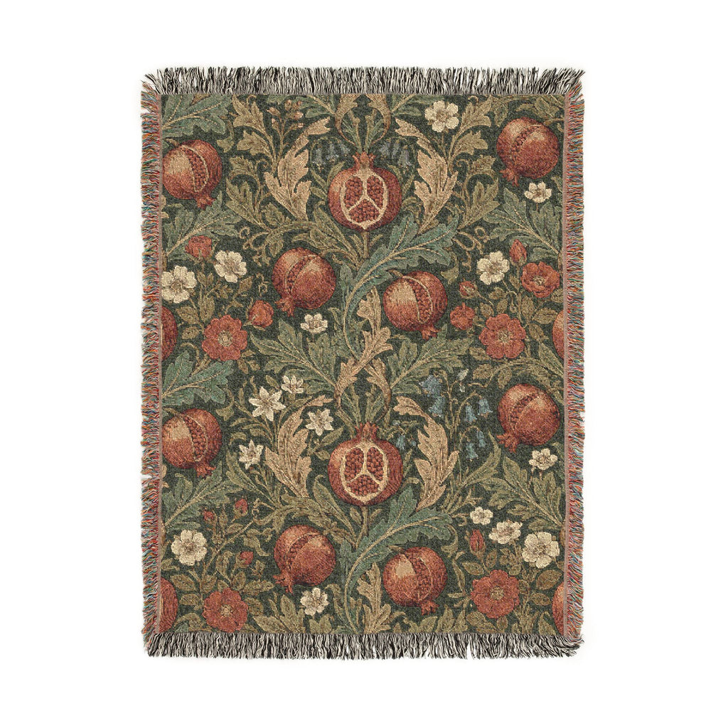 Vintage William Morris Pomegranate Woven Throw Blanket Olive Botanical Tapestry