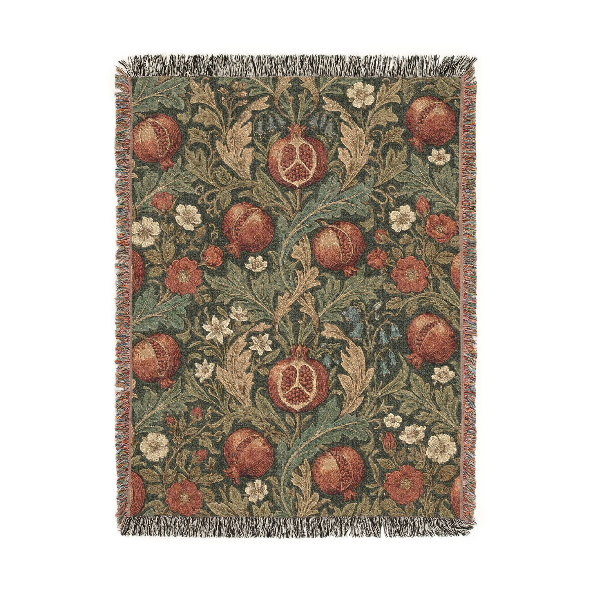 Vintage William Morris Pomegranate Woven Throw Blanket Olive Botanical Tapestry