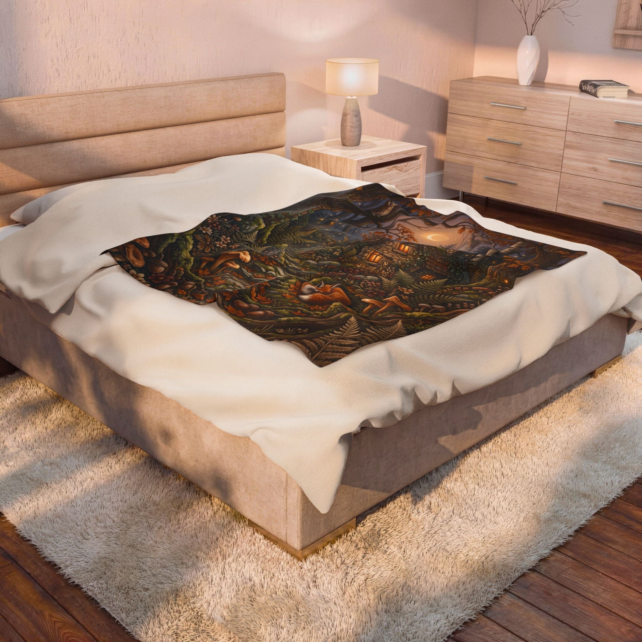 Cozy Autumn Woodland Cottage Plush Throw Blanket Fairycore Fox Velvety Blanket