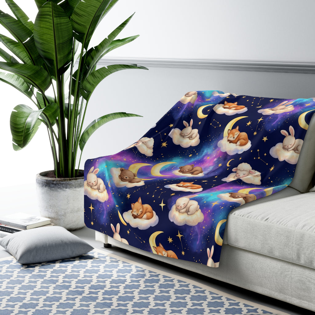 Celestial Sleeping Animals & Galaxy Sherpa Fleece Blanket Starry Night Nursery Throw