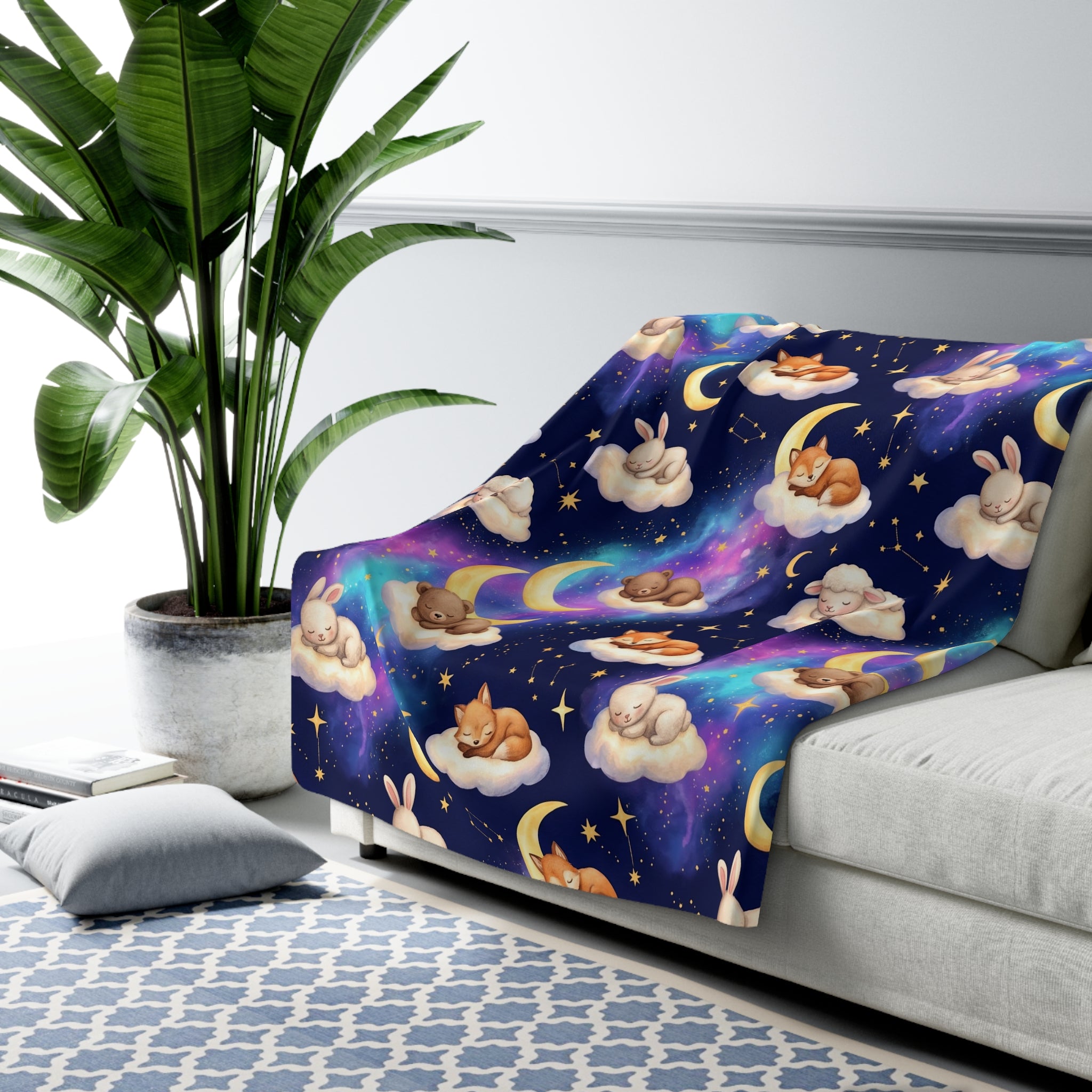 Celestial Sleeping Animals & Galaxy Sherpa Fleece Blanket Starry Night Nursery Throw
