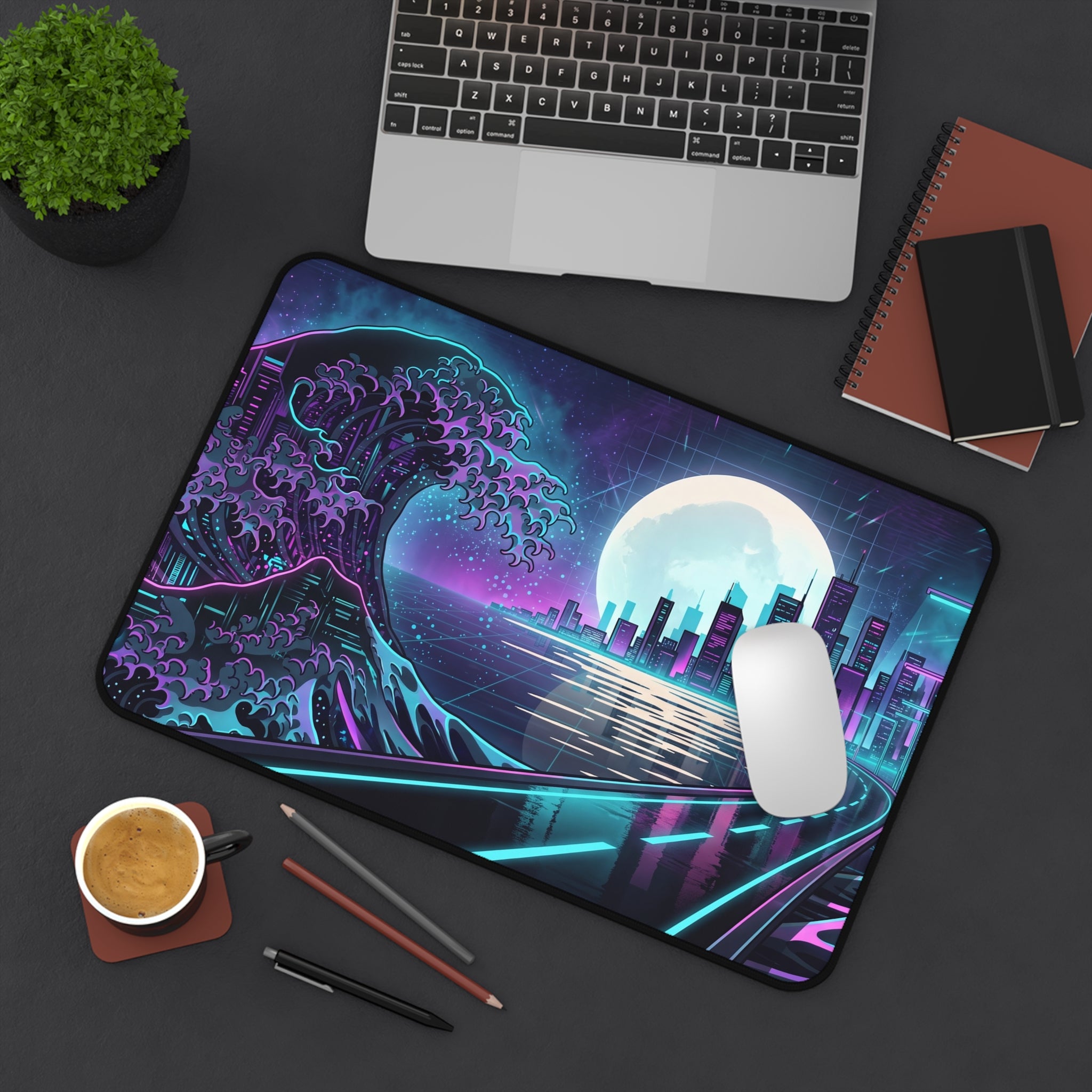 Neon Synthwave Great Wave Desk Mat Cyberpunk Cityscape Gaming Pad