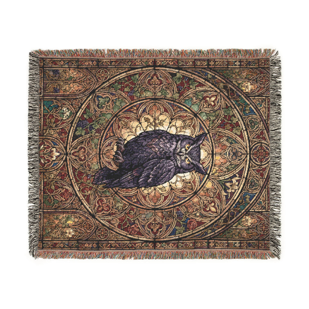 Gothic Owl Stained Glass Woven Throw Blanket Mystical Cathedral Tapestry