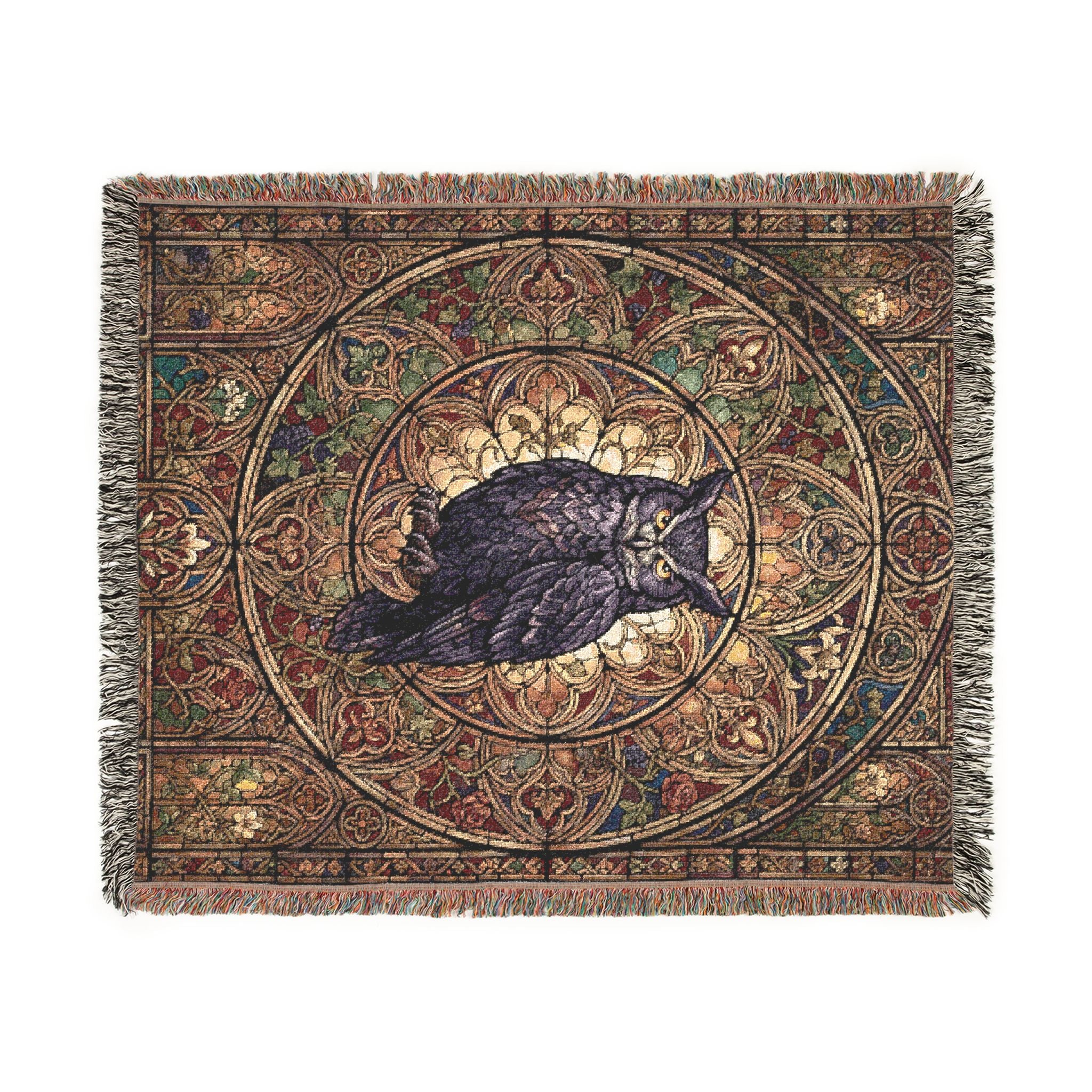 Gothic Owl Stained Glass Woven Throw Blanket Mystical Cathedral Tapestry