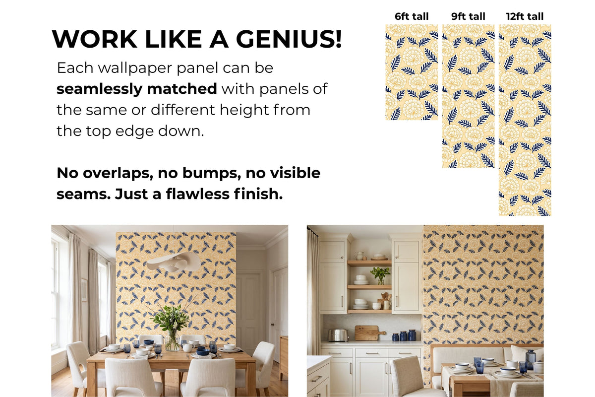 Repeating botanical wallpaper pattern with navy foliage and golden yellow outlines