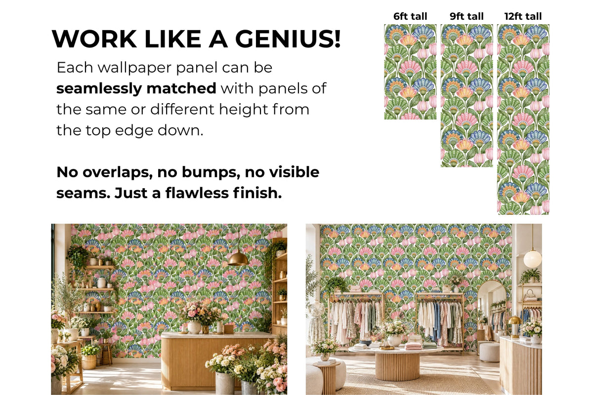 Repeating botanical wallpaper pattern with green leaves and polka dot flower petals