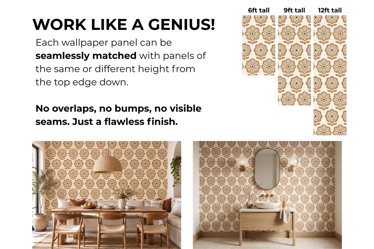 Repeating retro floral wallpaper pattern in caramel brown and textured ivory