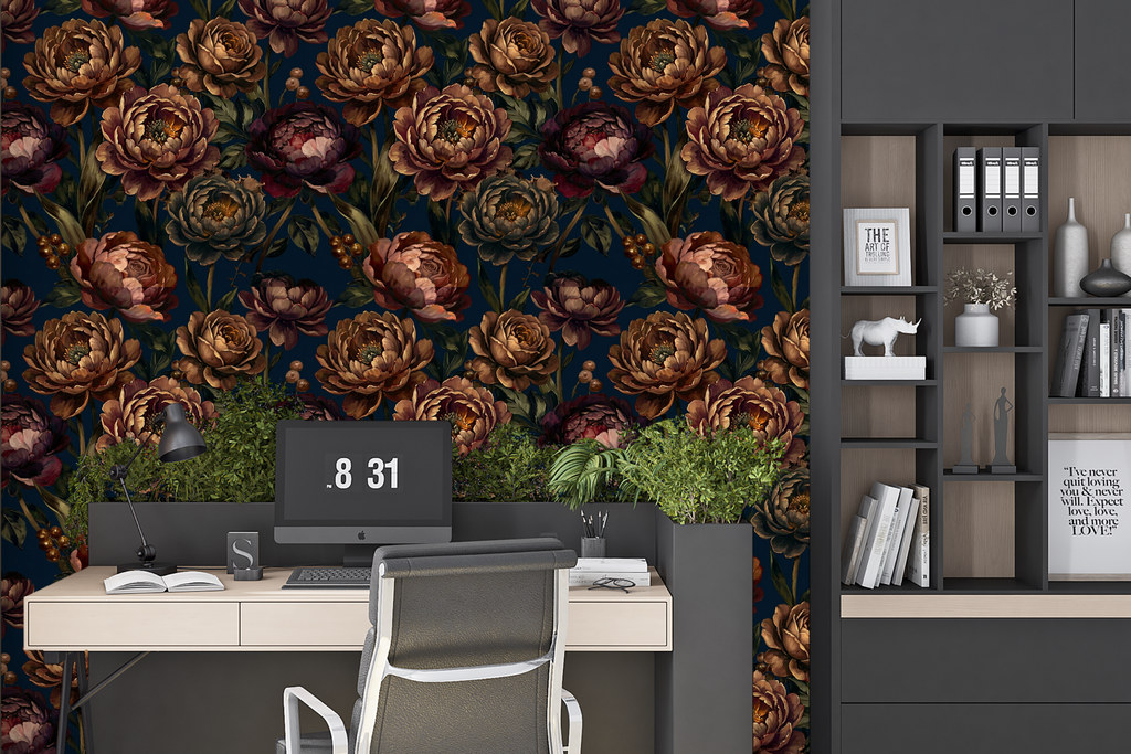 Moody Vintage Peony Wall Mural Dark Floral Wallpaper
