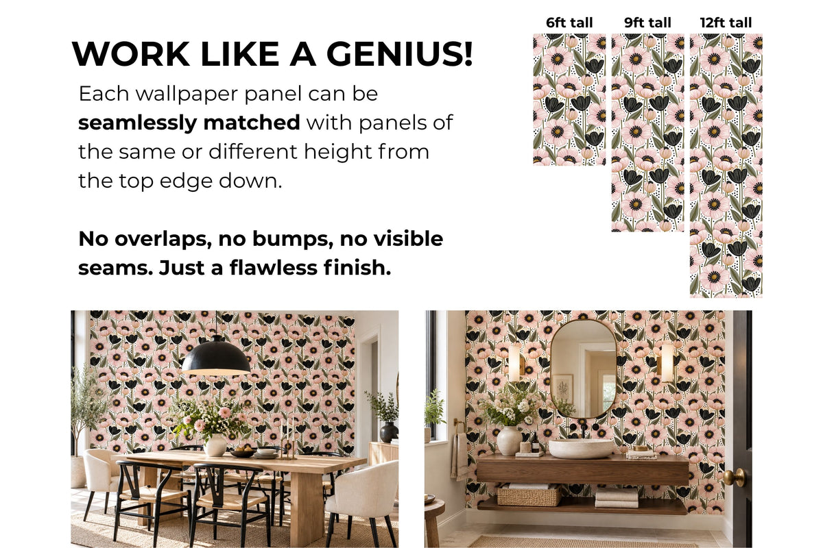 Repeating botanical wallpaper pattern with blush pink petals and black dotted flower centers