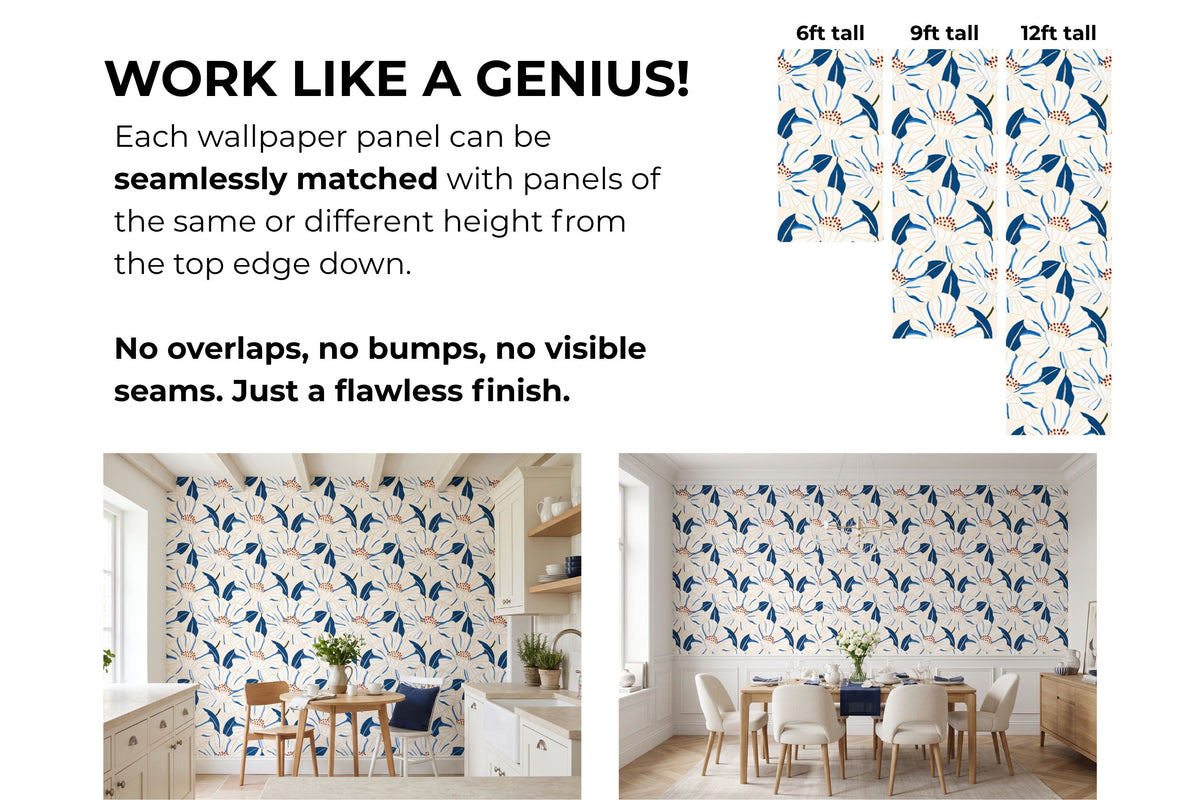 Repeating botanical wallpaper pattern with blue foliage and white flower petals