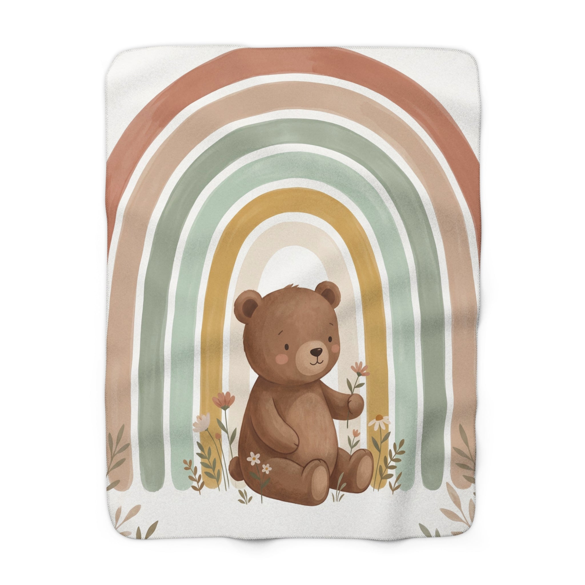 Boho Watercolor Bear & Rainbow Sherpa Fleece Blanket Cozy Nursery Throw