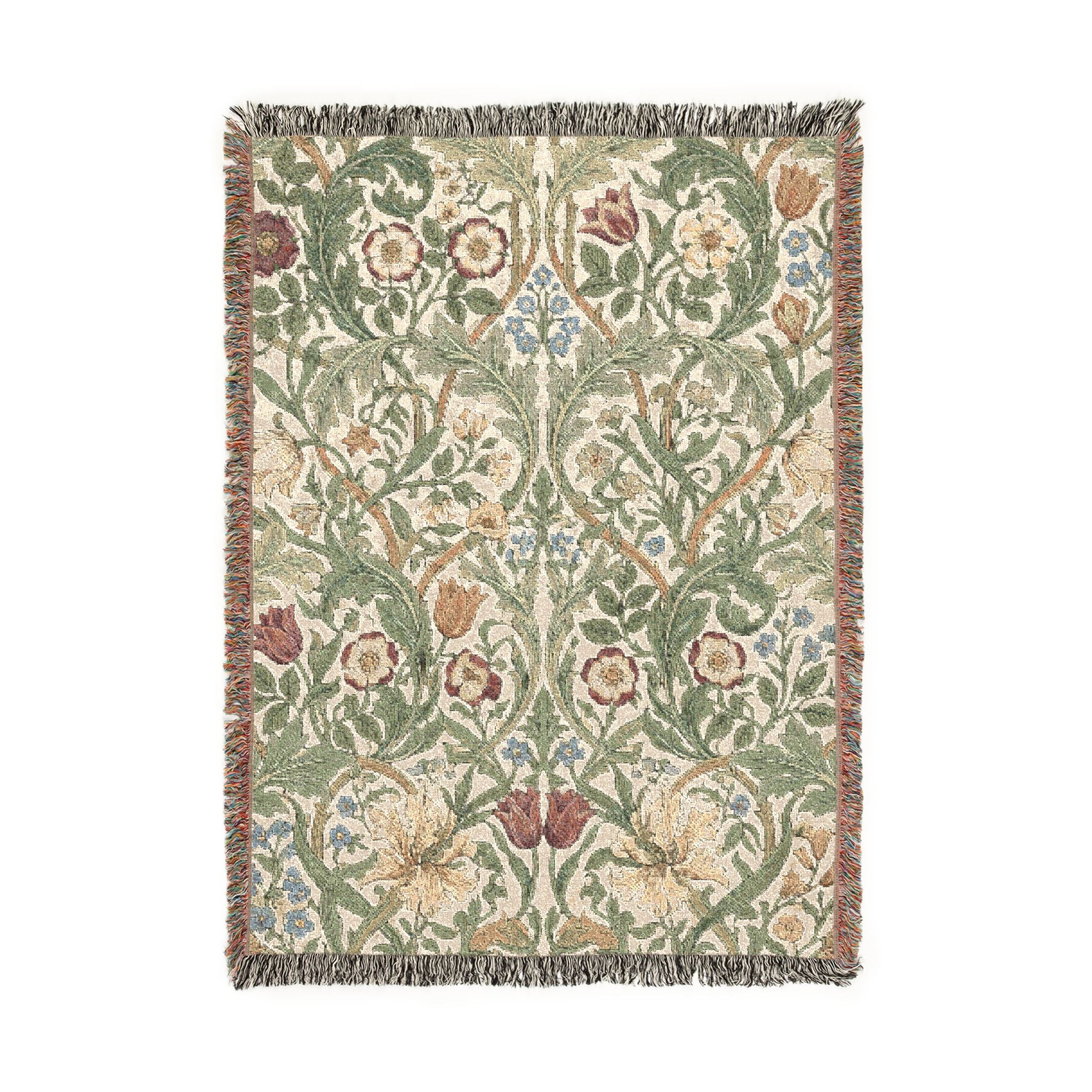 Vintage William Morris Style Floral Woven Throw Blanket Cottagecore Botanical Tapestry