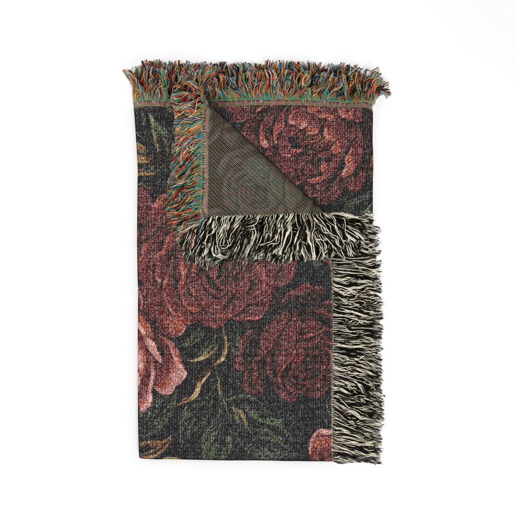 Vintage Moody Floral Woven Throw Blanket Dark Botanical Rose Tapestry