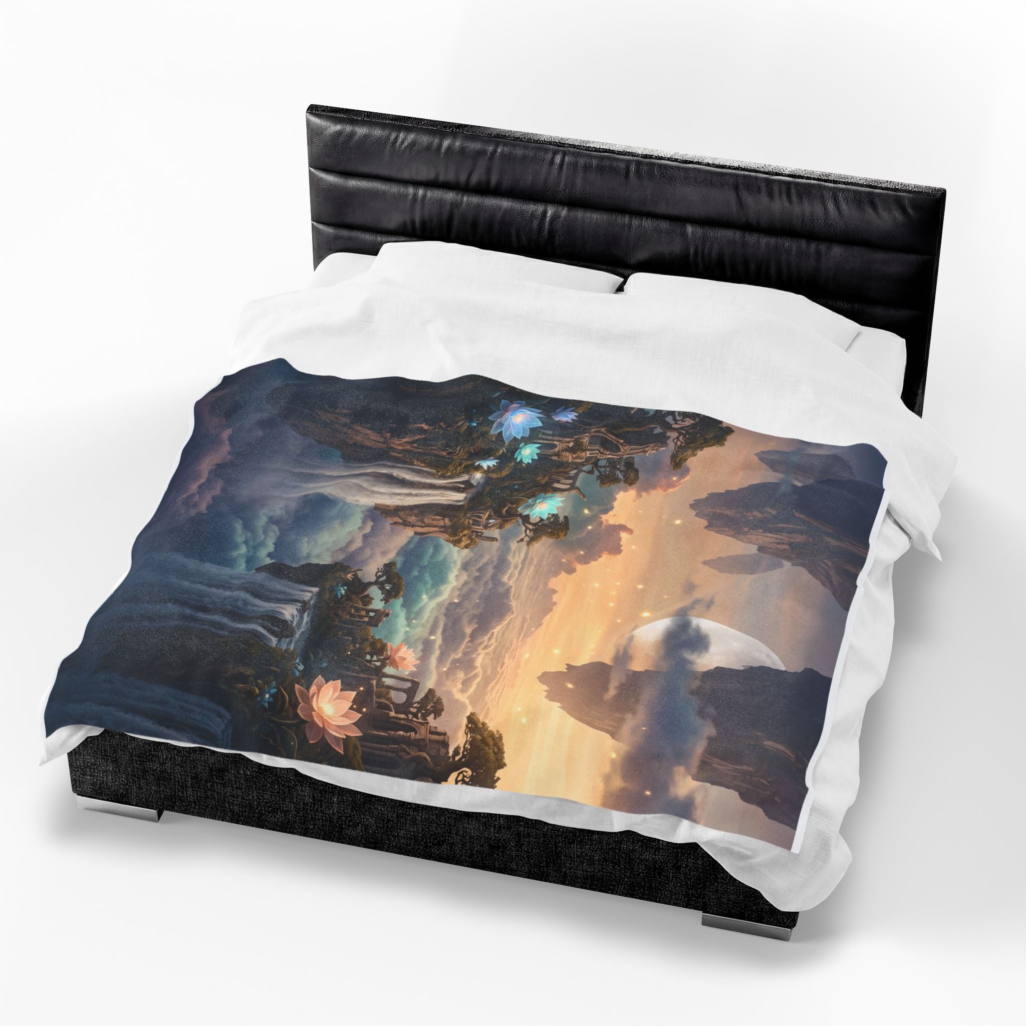 Fantasy Floating Island Plush Throw Blanket Dreamy Lotus Waterfall Velvety Blanket
