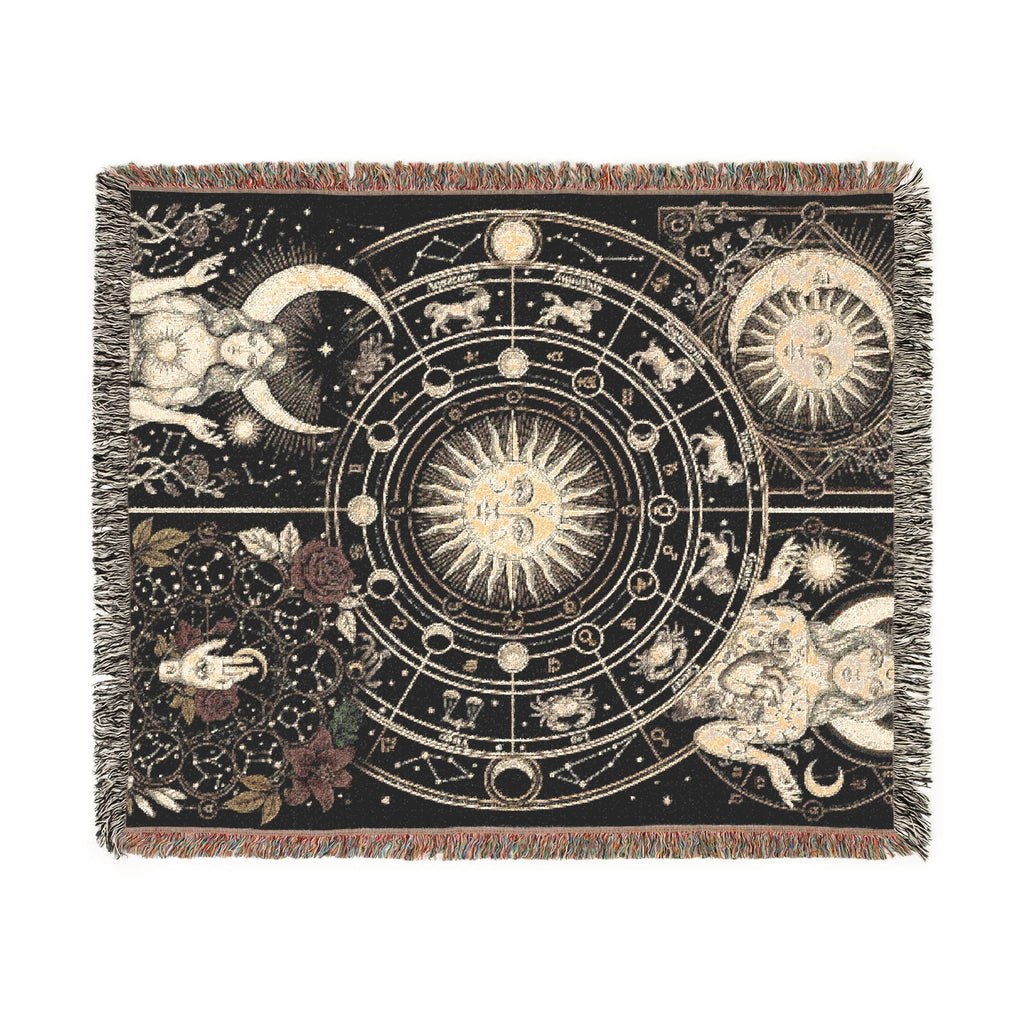 Vintage Celestial Zodiac Woven Throw Blanket Mystical Sun & Moon Tapestry