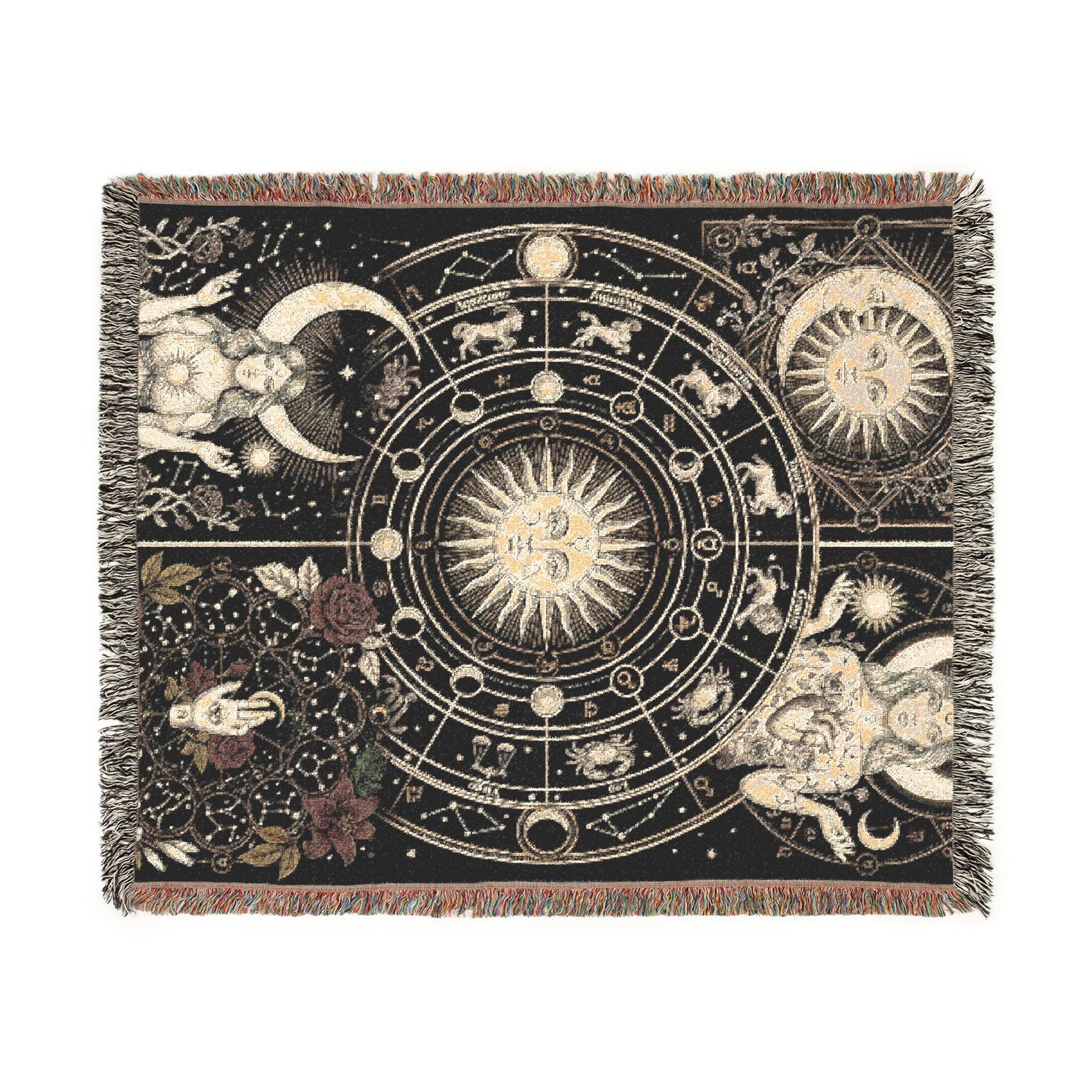 Vintage Celestial Zodiac Woven Throw Blanket Mystical Sun & Moon Tapestry