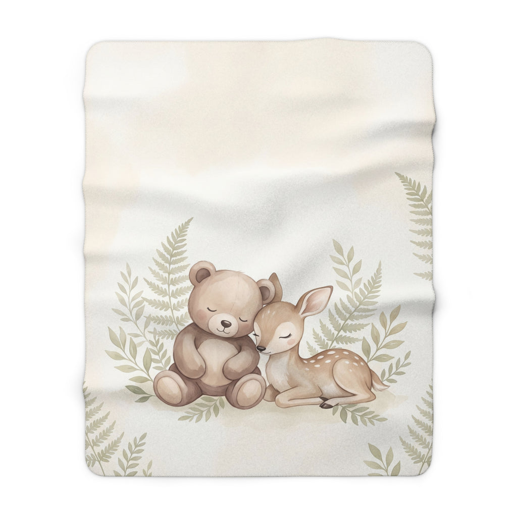 Watercolor Woodland Bear & Fawn Sherpa Fleece Blanket Neutral Nursery Throw