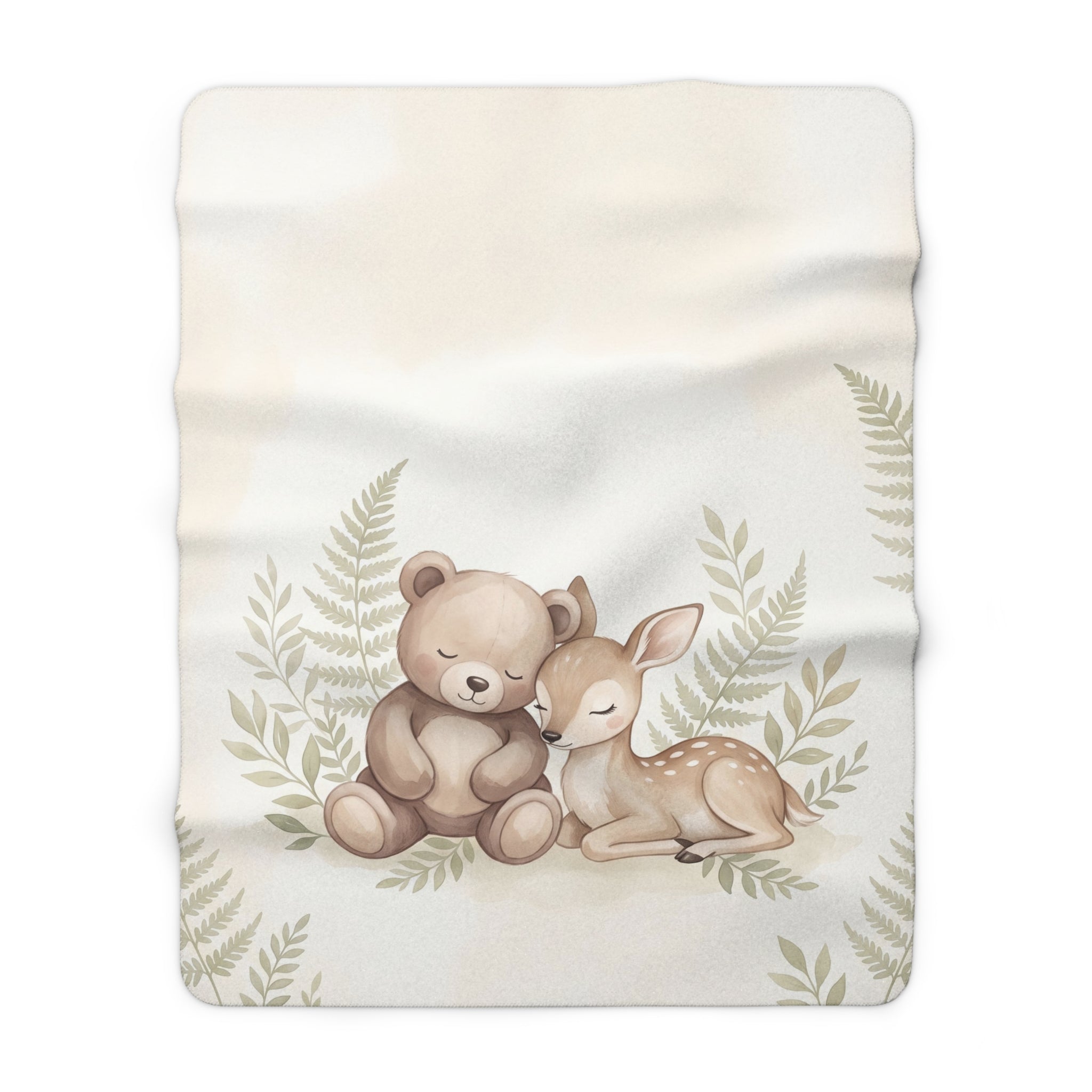 Watercolor Woodland Bear & Fawn Sherpa Fleece Blanket Neutral Nursery Throw