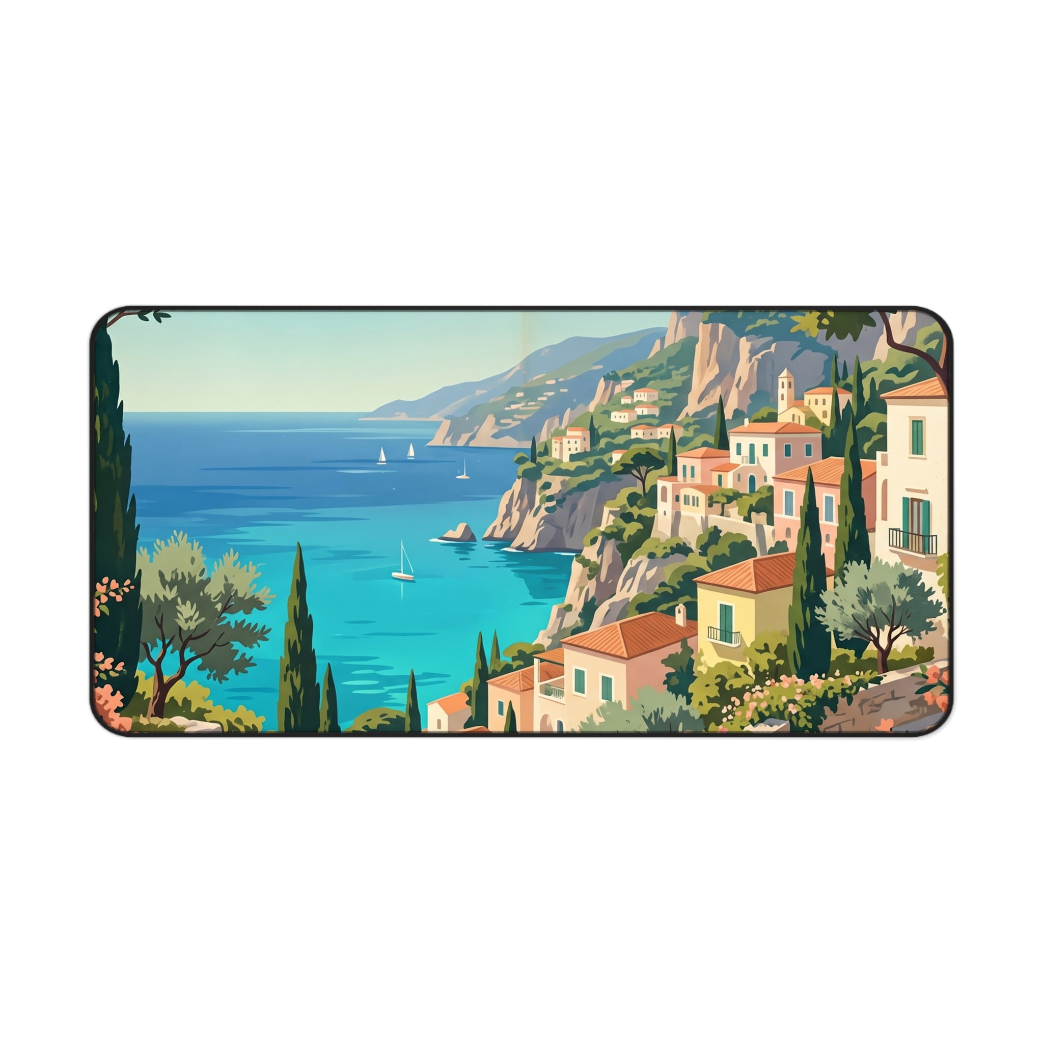 Mediterranean Coastal Village Desk Mat Vintage Italian Riviera Art Workspace Pad
