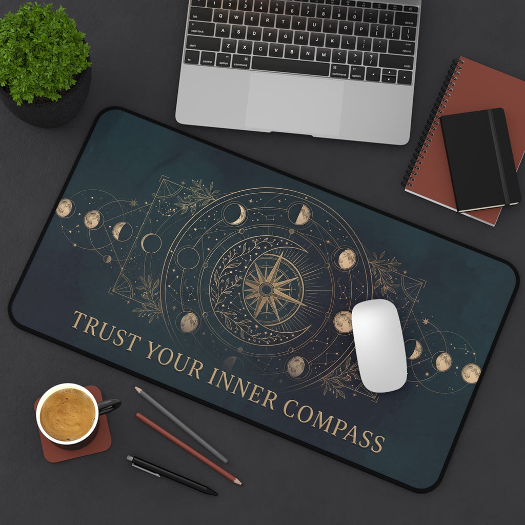 Mystical Celestial Desk Mat "Trust Your Inner Compass" Moon Phase Art | Dark Teal & Gold Neoprene Pad