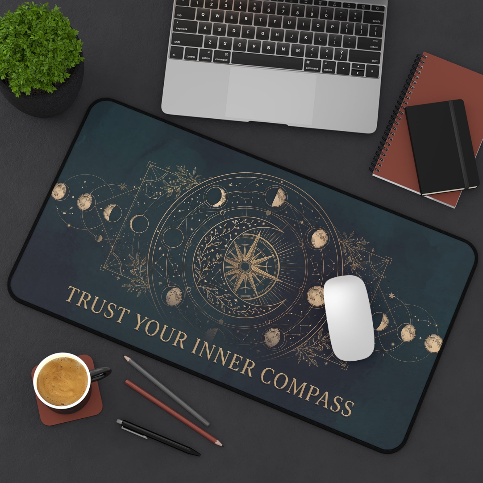 Mystical Celestial Desk Mat "Trust Your Inner Compass" Moon Phase Art | Dark Teal & Gold Neoprene Pad