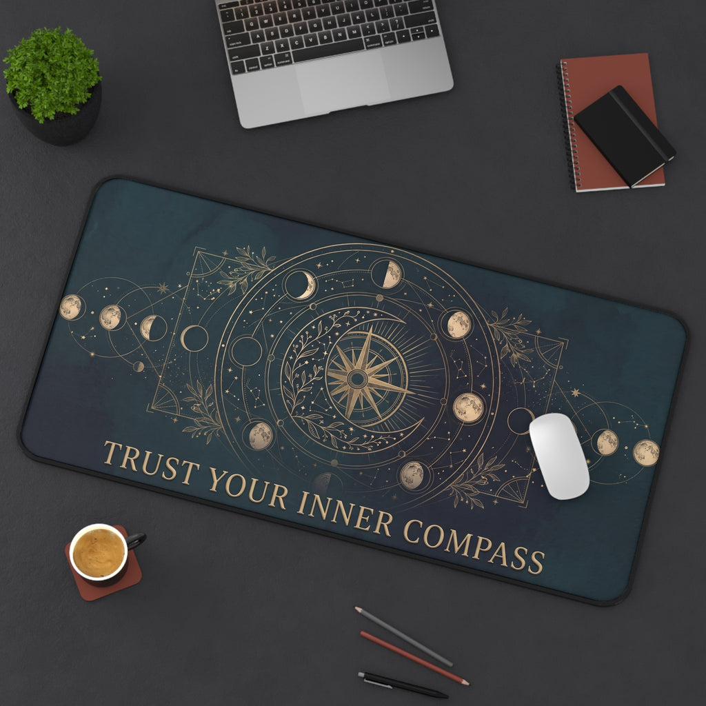 Mystical Celestial Desk Mat "Trust Your Inner Compass" Moon Phase Art | Dark Teal & Gold Neoprene Pad