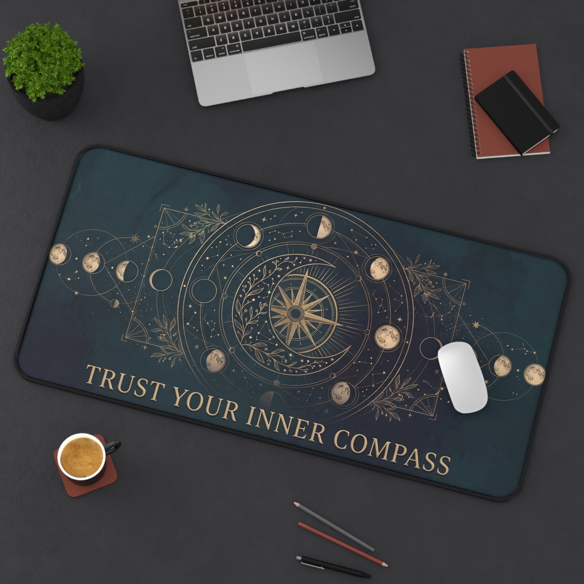Mystical Celestial Desk Mat "Trust Your Inner Compass" Moon Phase Art | Dark Teal & Gold Neoprene Pad
