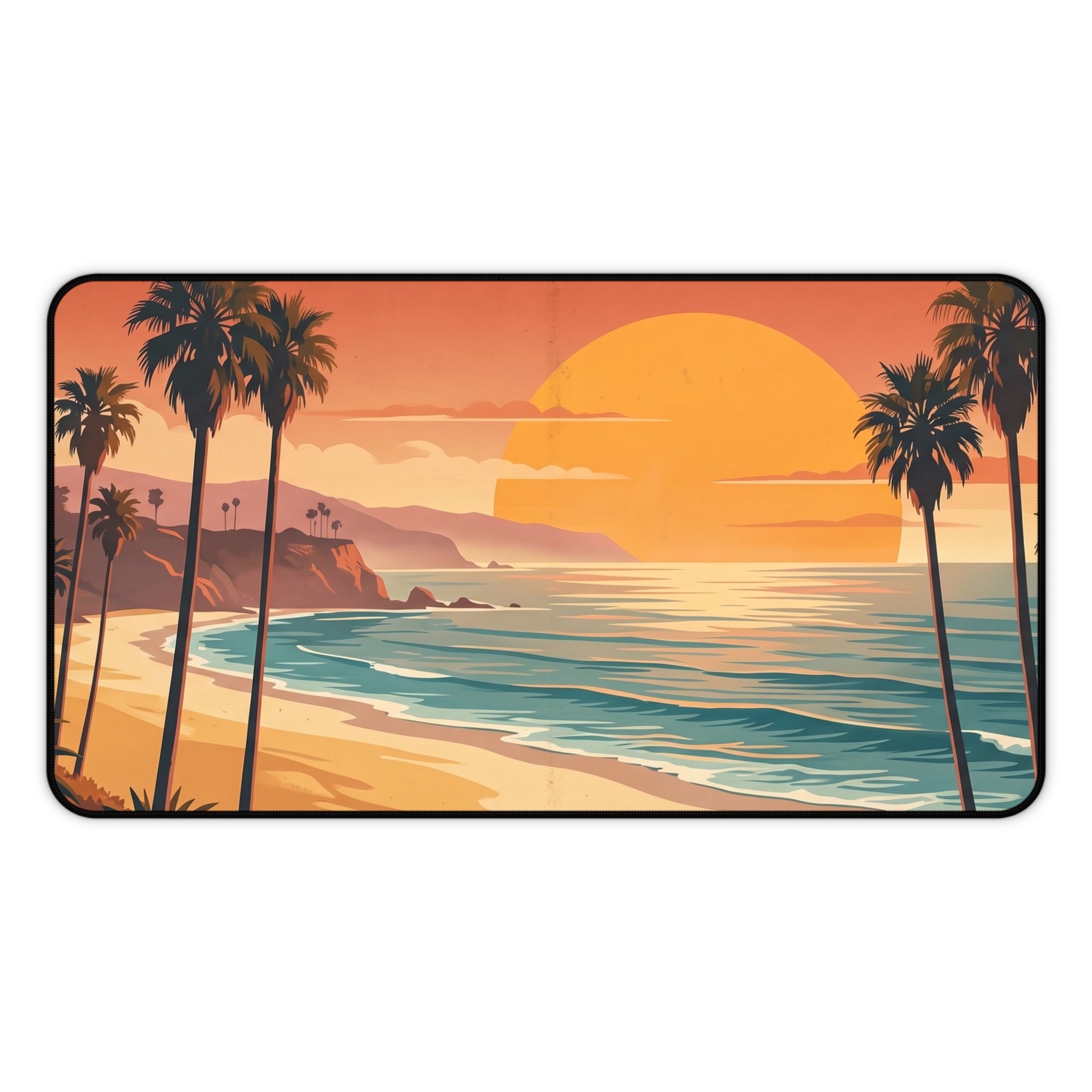 Retro California Beach Sunset Desk Mat Vintage Palm Tree Coastal Art