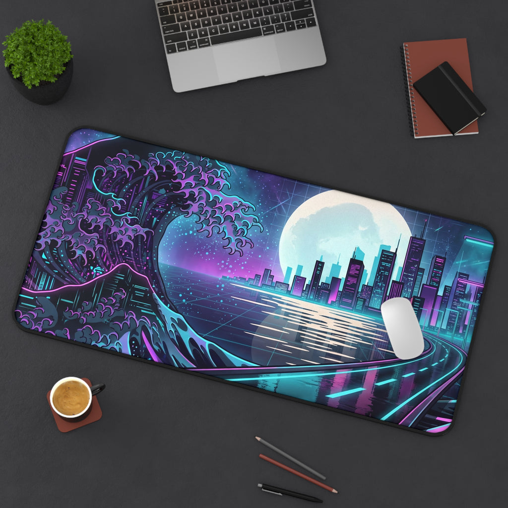 Neon Synthwave Great Wave Desk Mat Cyberpunk Cityscape Gaming Pad