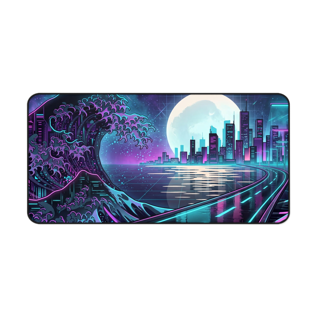 Neon Synthwave Great Wave Desk Mat Cyberpunk Cityscape Gaming Pad