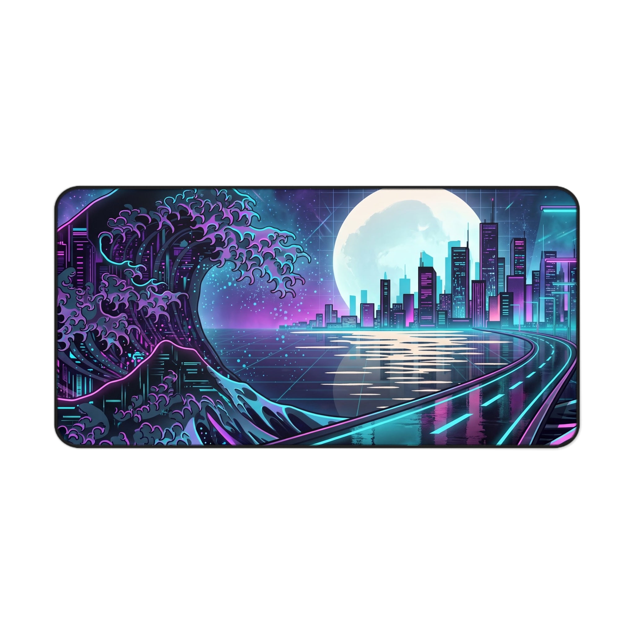 Neon Synthwave Great Wave Desk Mat Cyberpunk Cityscape Gaming Pad