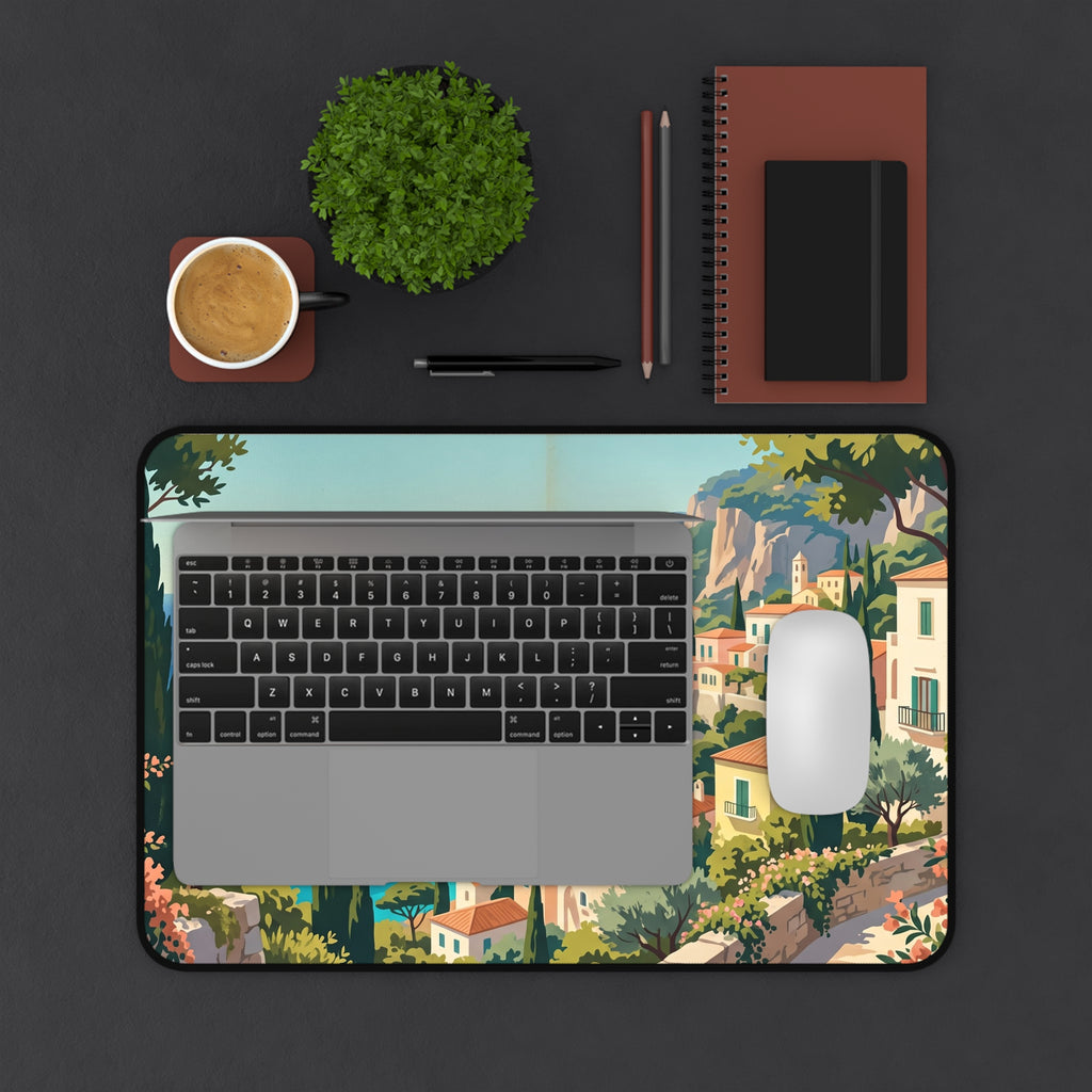 Mediterranean Coastal Village Desk Mat Vintage Italian Riviera Art Workspace Pad