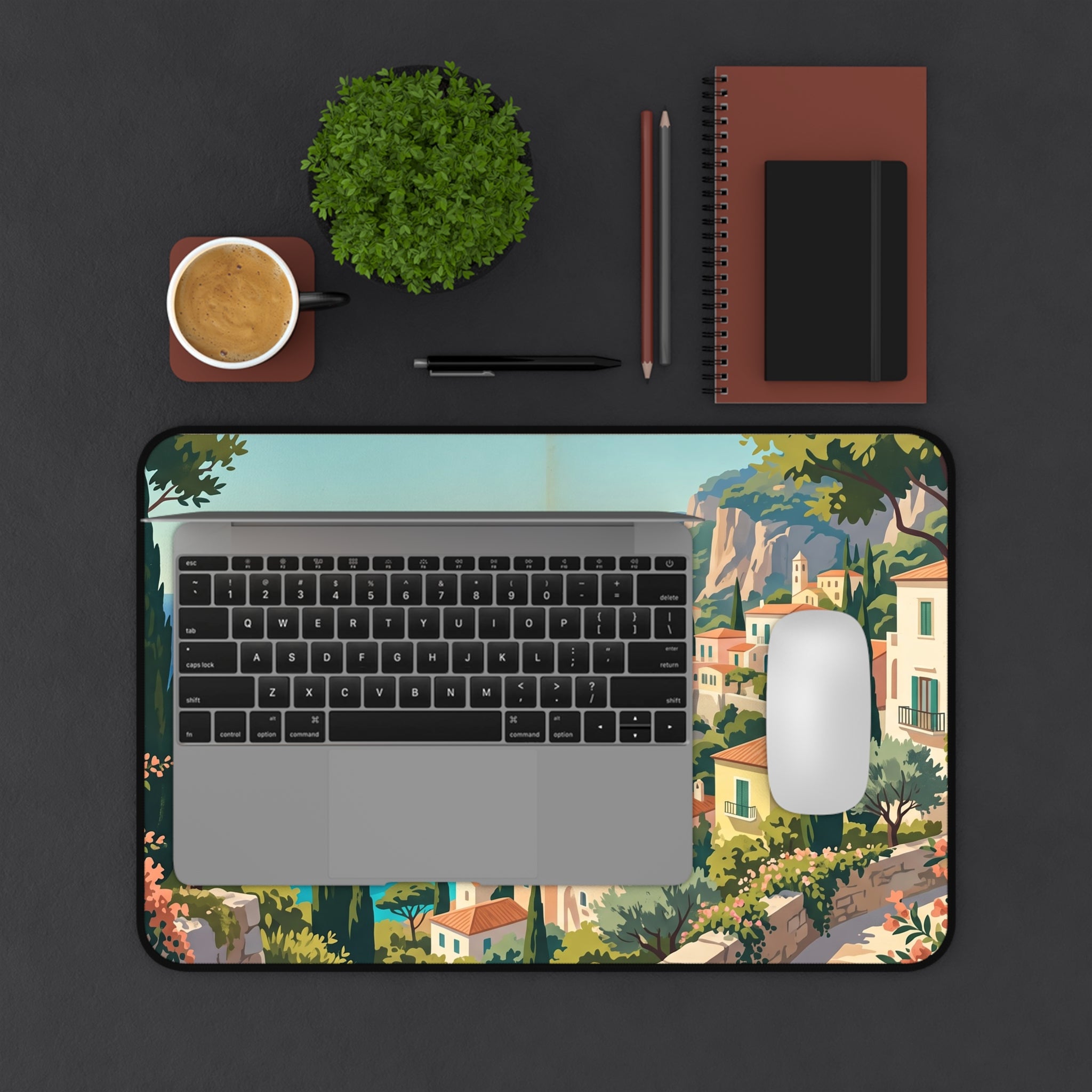 Mediterranean Coastal Village Desk Mat Vintage Italian Riviera Art Workspace Pad